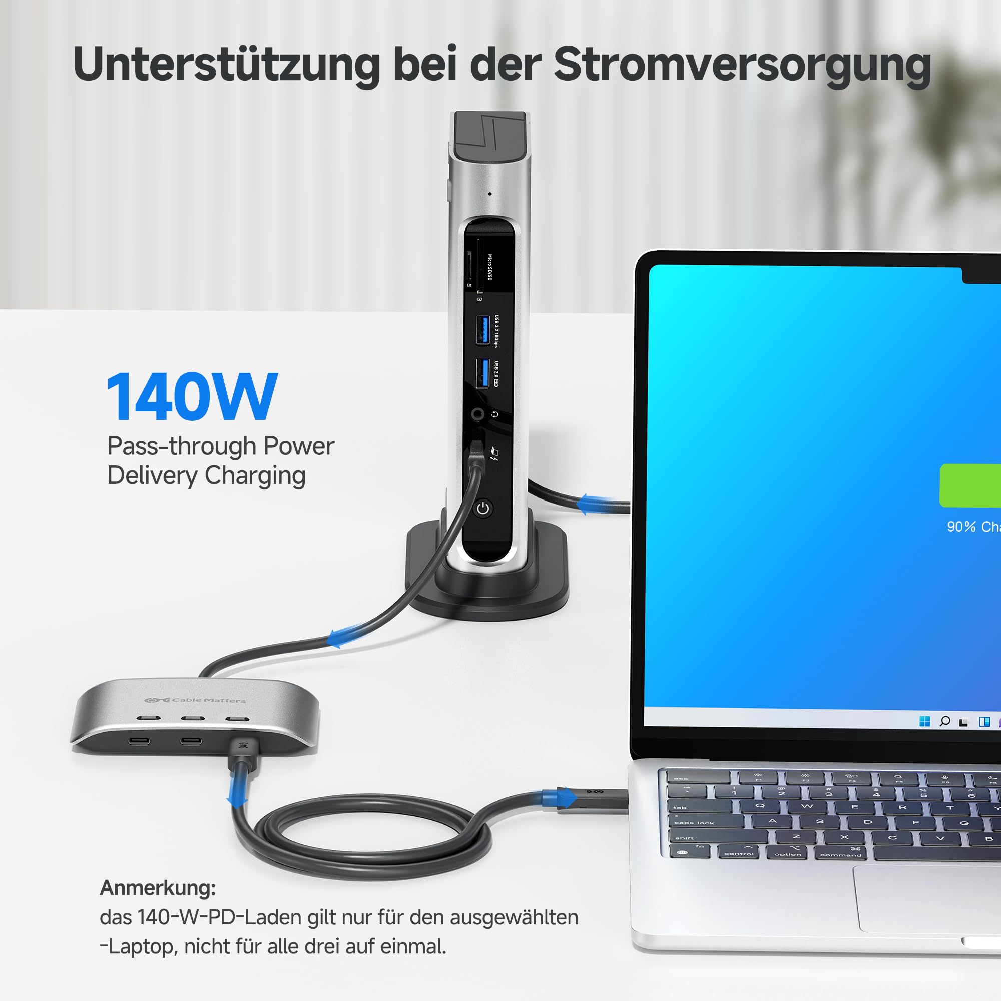 Cable Matters 20G USB C Switch, 3-in-1 Ausgang, 8K@30Hz Windows/4K@60Hz macOS, 140W PD, zum Teilen eines USB C oder Thunderbolt 4 Monitors (nicht für feste Kabeldocks)
