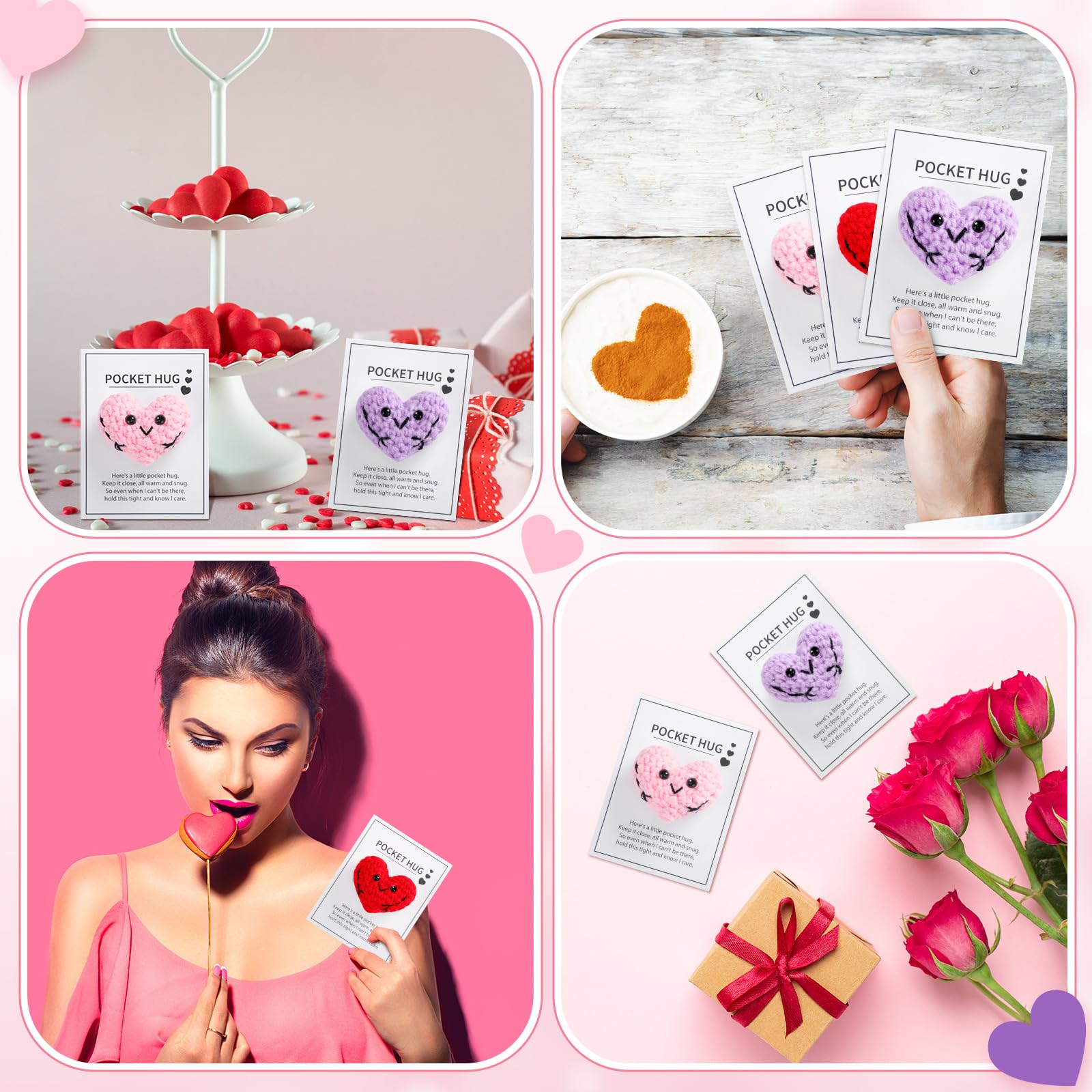 Daifunli 12 Sets Valentine‘s Day Pocket Hug Heart Gift Crocheted Pocket Hug Token Thinking of You Encouragement Handmade Crocheted Love Long Distance Gift for Boyfriend Girlfriend Wedding