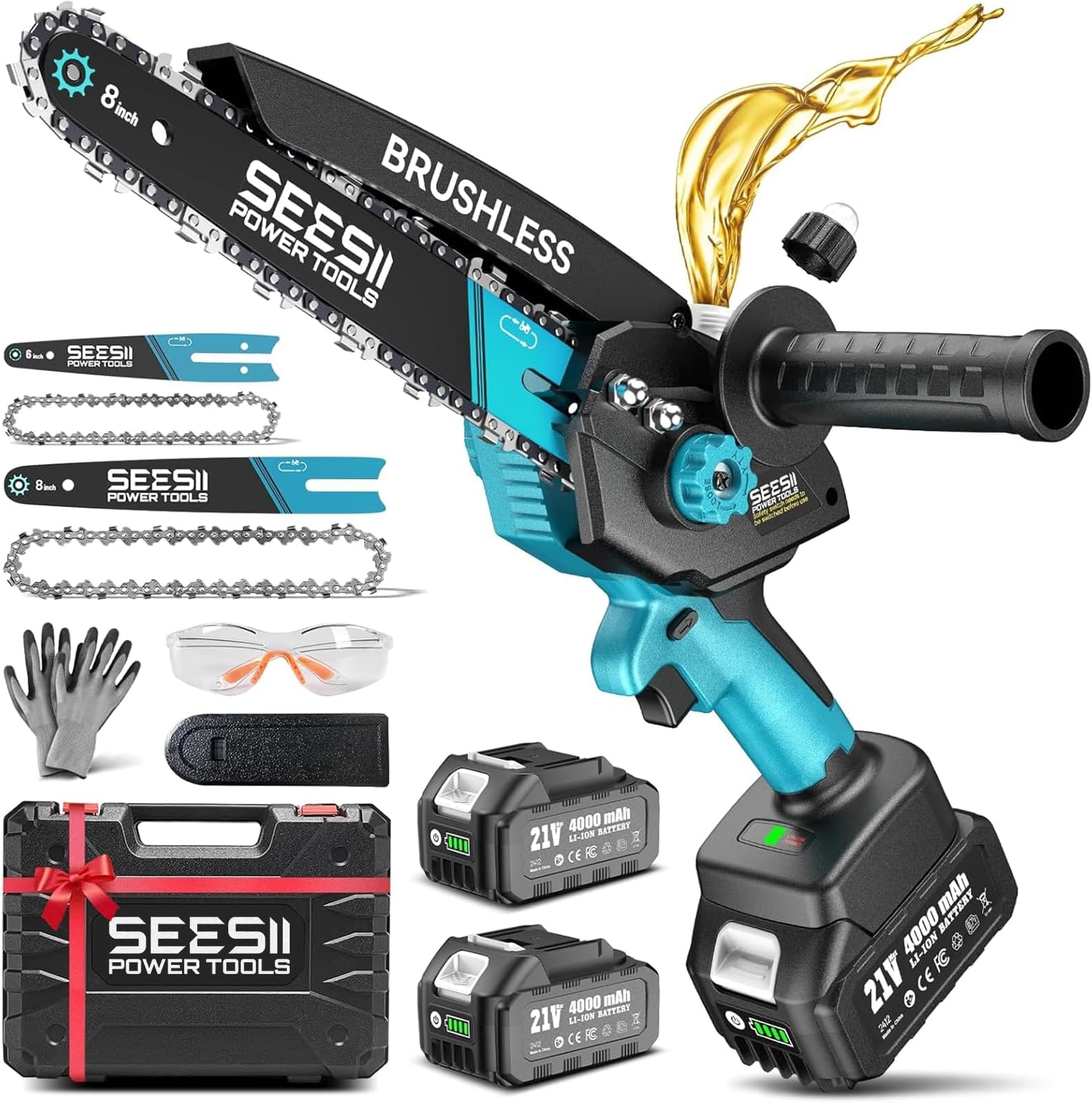 Mini Chainsaw Cordless, 8 inch & 6 inch Electric Battery Powered Chain Saw with 2 Pack 4000mAh Batteries, Handheld Saw for Trees Branches Trimming Wood Cutting, Gardening Tools for Dad Husband Men