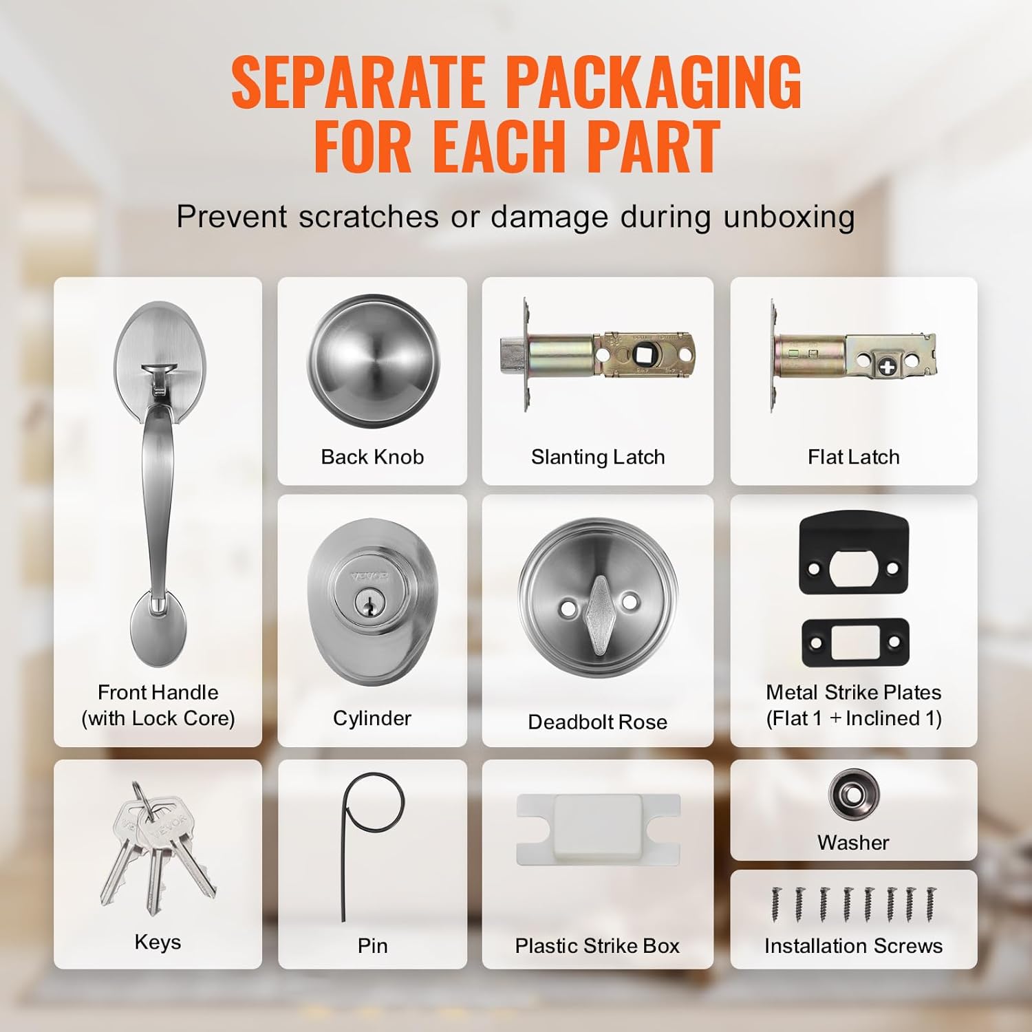 VEVOR Front Door Handle and Deadbolt Set, Satin Nickel Front Door Lock Set with Interior Knob, Adjustable Hole Spacing Single Cylinder Handleset, for Right and Left Handed Entrance and Front Door