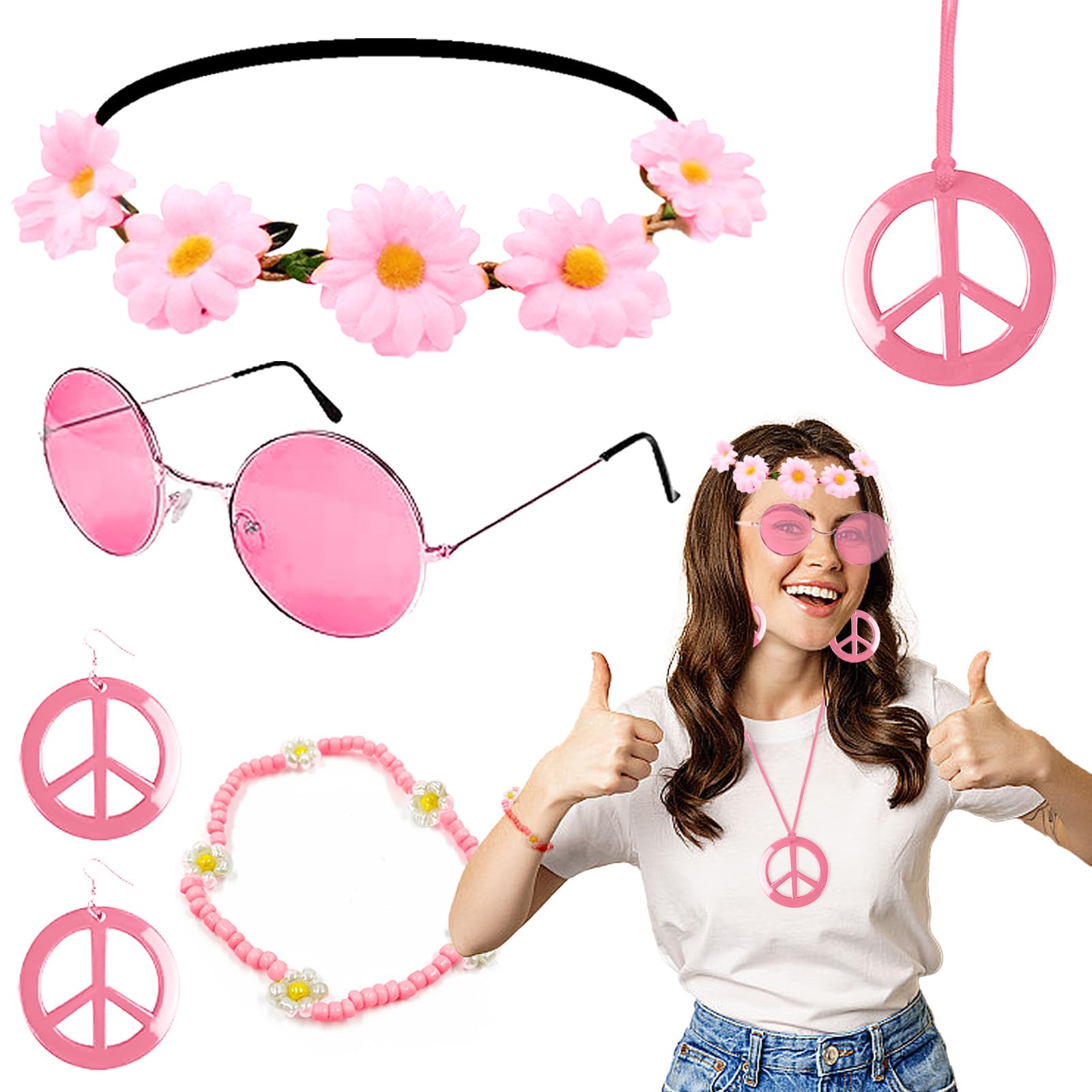 6 Pcs Pink Hippie Costume Accessories Set, 60S 70S Fancy Dressccessories Set for Girl and Women, Sunglasses Flower Headband Peace Sign Necklace Earrings Bracelets for World Book Day Funny Dress up