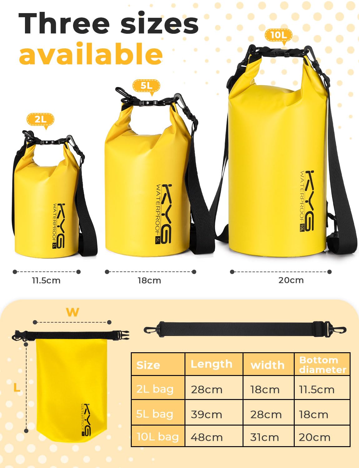 KYG Borsa Impermeabile, 2L/5L/10L Sacca Stagna in PVC, Saldata senza Cuciture – Leggera, Resistente e Galleggiante per Rafting, Trekking Fluviale, kayak, Spiaggia e Campeggio 5L Giallo
