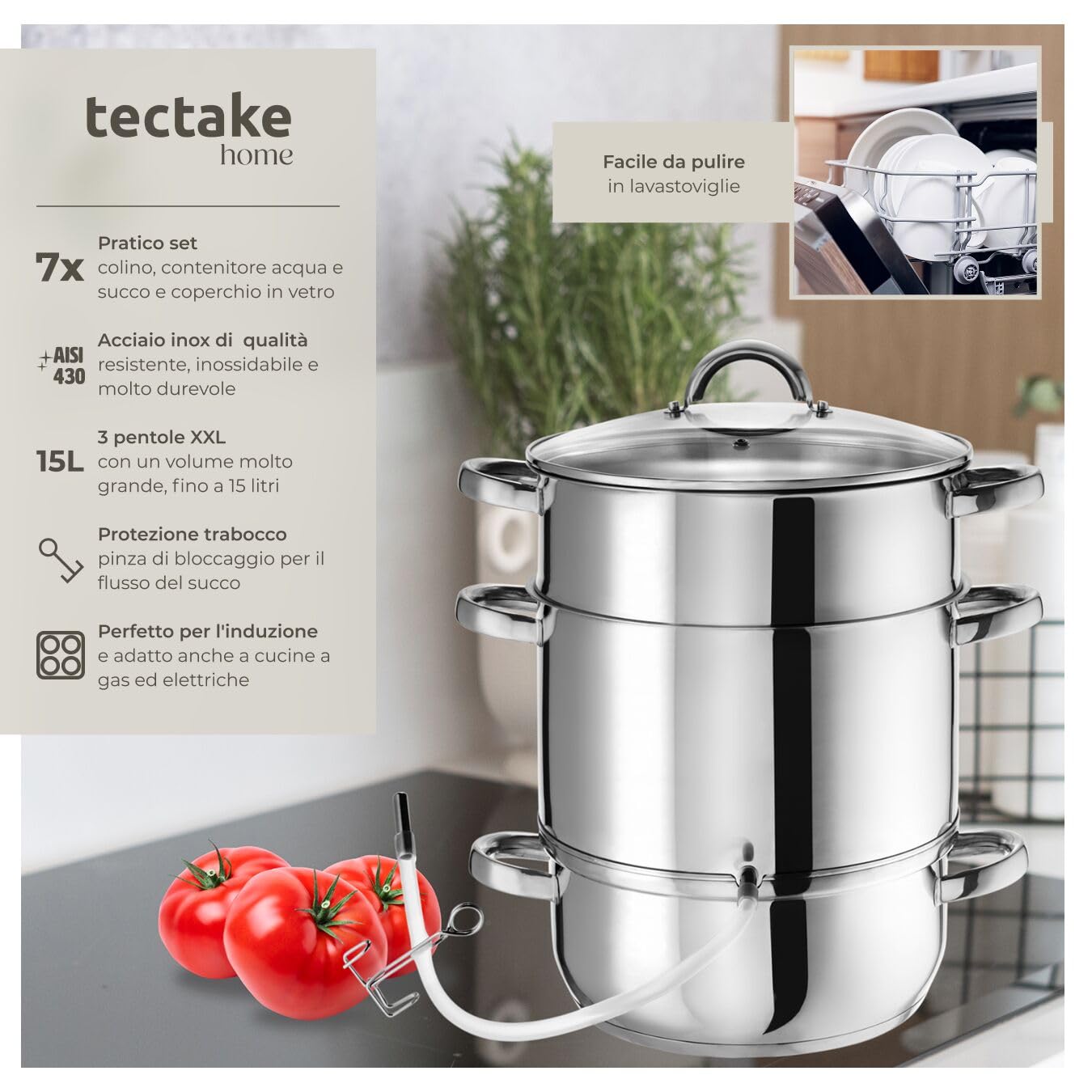 tectake® Pentola Estrattore di Succhi, 15 L Succo di Frutta,Verdura, Acciaio Inox AISI 430 Ø: 26 cm, Set Pentole, Pentole in Acciaio Inox, Utili per la Casa, Coperchio