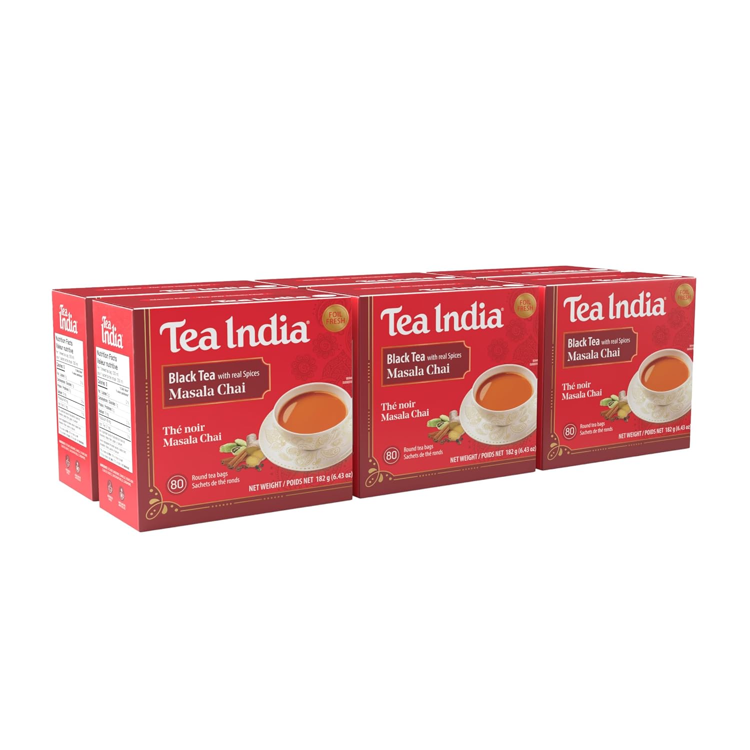 Tea India Masala Chai Tea Flavorful Blend Of Black Tea & Natural Ingredients Strong Full-Bodied Traditional Indian Caffeinated Tea 80 Round Teabags Pack of 6
