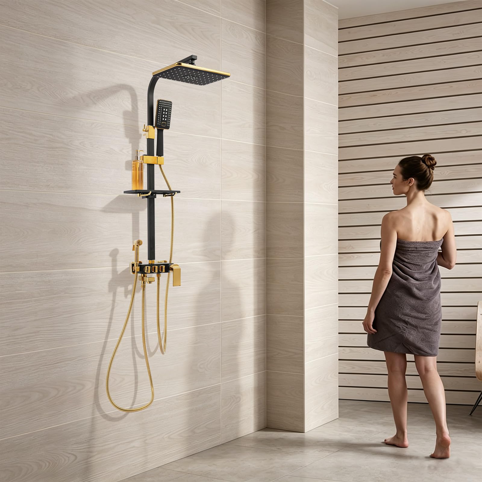 Duschsystem Schwarz Gold, Duschset 4 Sprühköpfe, Regendusche mit Handbrause