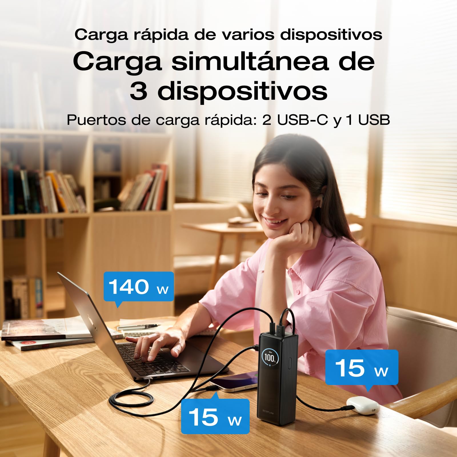 EcoFlow Powerbank 25000mAh 170W con Dos Puertos USB-C de 140W, Batería Externa Cargador Portátil 4 Puertos Laptop Power Bank para iPhone 17/16/15, MacBook, Samsung, iPad, Negro