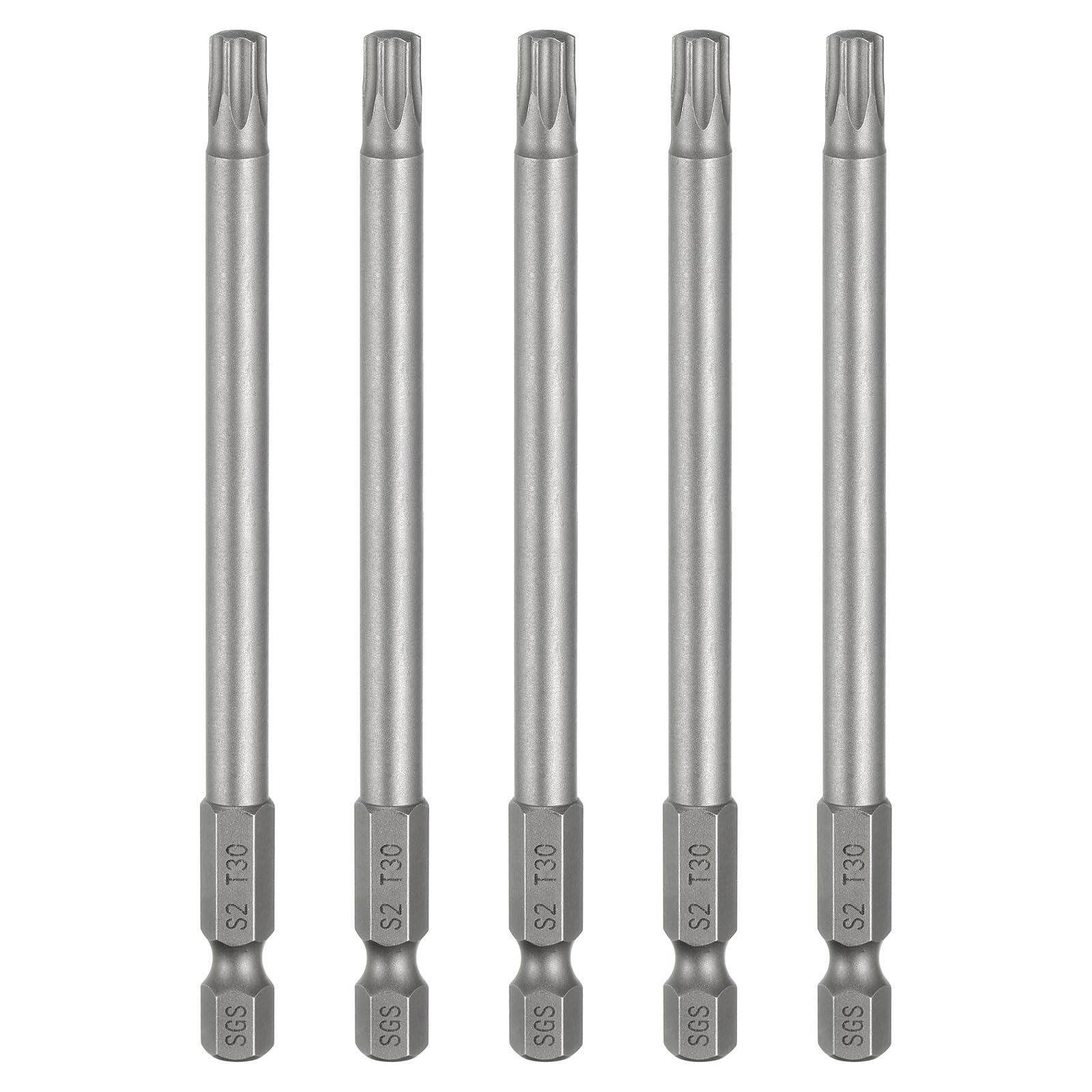 sourcing map 5pcs T30 Torx Head Screwdriver Bit 1/4" Hex Shank 4" (100mm) Long Magnetic No Hole Tip Tamper Proof 6 Point Star Screw Driver Drill Bits S2 Steel Industrial Power Screwdrivers