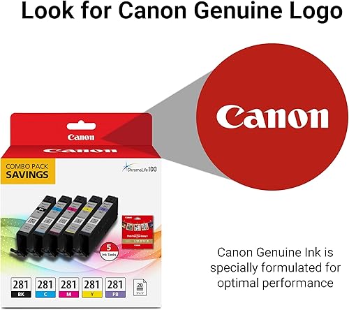 Miniatura 5 de Canon CLI-281 Paquete genuino Combo con 20 hojas (12.7 cm x 12.7 cm), compatible con impresoras de la serie TS9120, serie TS8120, TS8220, TS8320 y