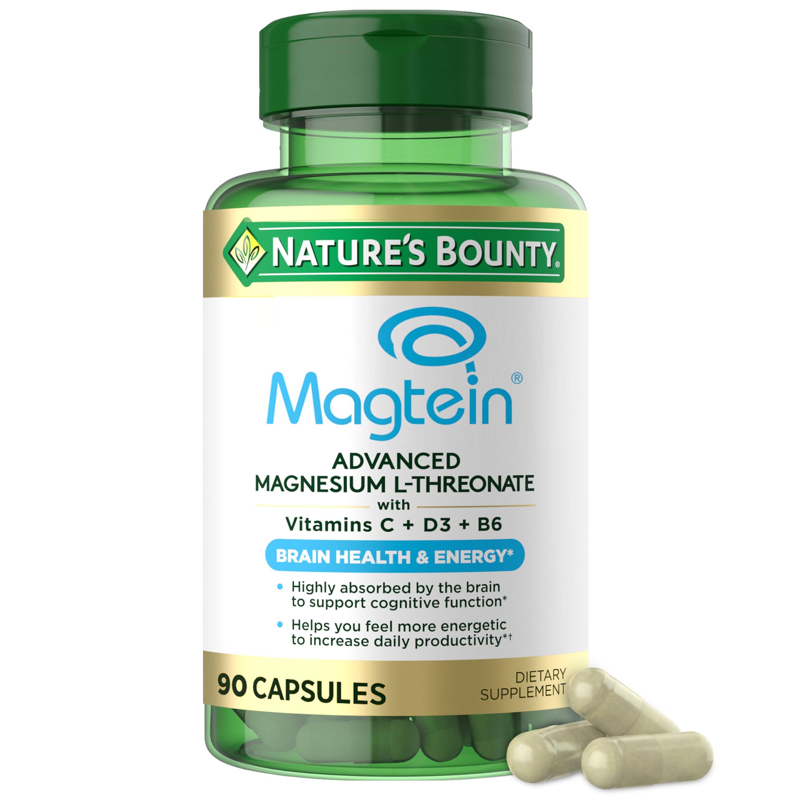 Nature's Bounty Magnesium L-Threonate 2000mg Magtein Capsules, 90 Count 90 Count (Pack of 1)