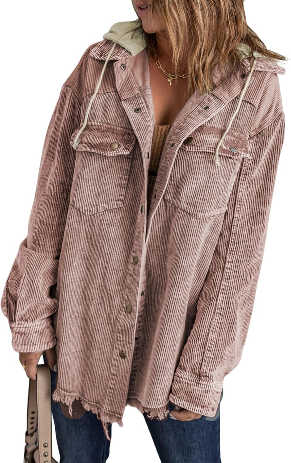 Dokotoo Womens 2025 Fall Corduroy Shacket Jacket Long Sleeve Button Down Color Block Hooded Coat with Pockets