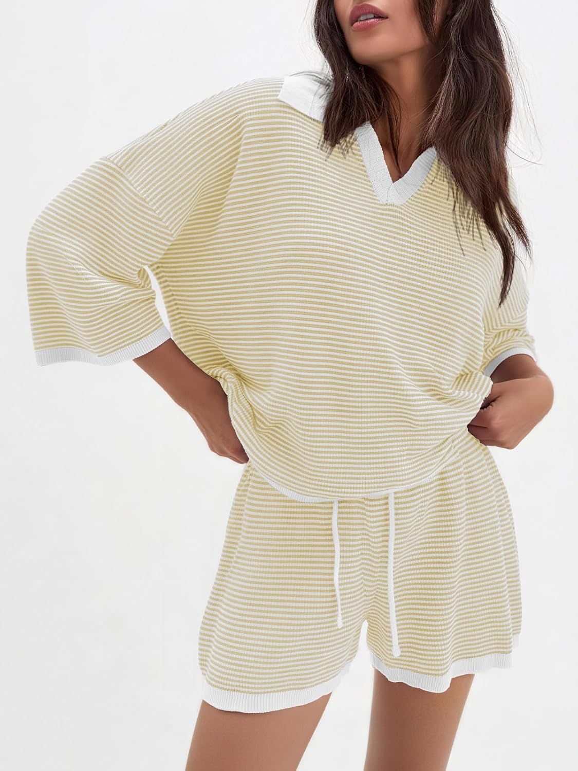 Outfeel Women's 2 Piece Lounge Set Striped V Neck Knit Top Drawstring Shorts Outfits Oversized Casual Travel Matching Set image 3