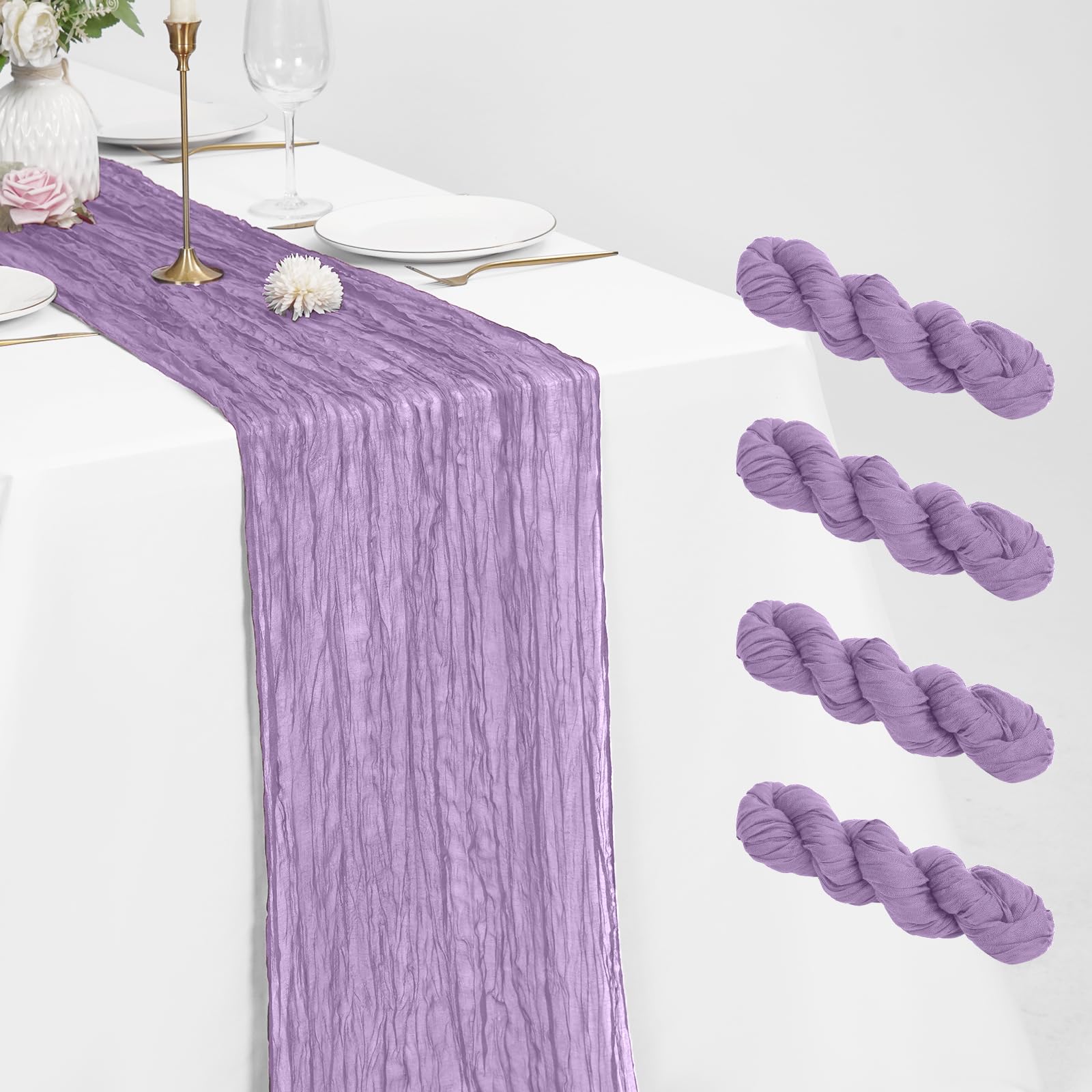 4 Pack Light Purple Cheesecloth Table Runner 21 x 120 Inch Rustic Gauze Fabric Table Runner Romantic Long Cheesecloth Table Runner For Weddings, Festivals, Anniversarie, Dinner, Outdoor Parties — image 1