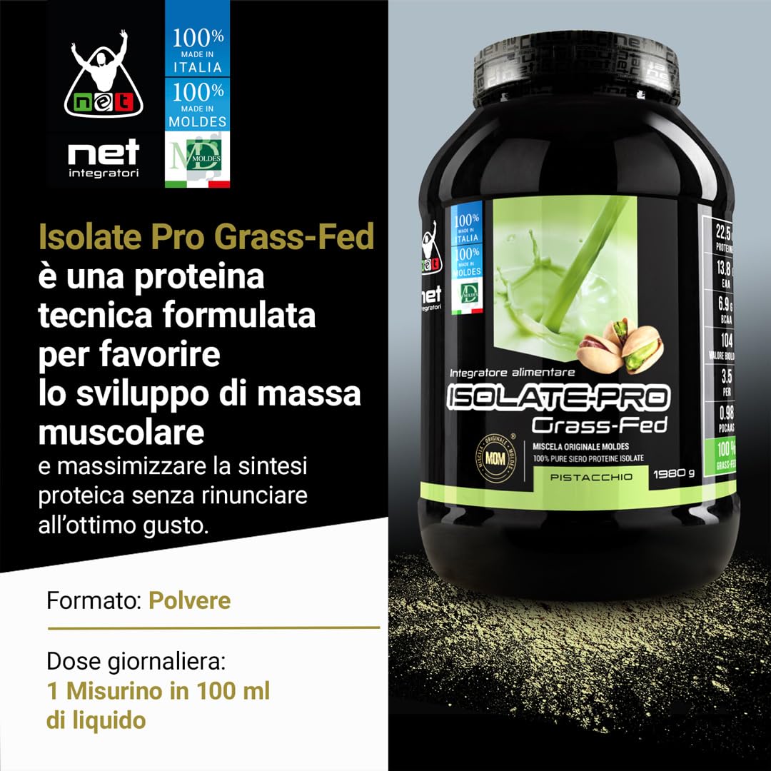 Net Integratori ISOLATE PRO Grass Fed - 1980g Pistacchio - Proteine Isolate Con EAA Aminoacidi Essenziali e BCAA - Massimizza La Sintesi Proteica e La Crescita Muscolare