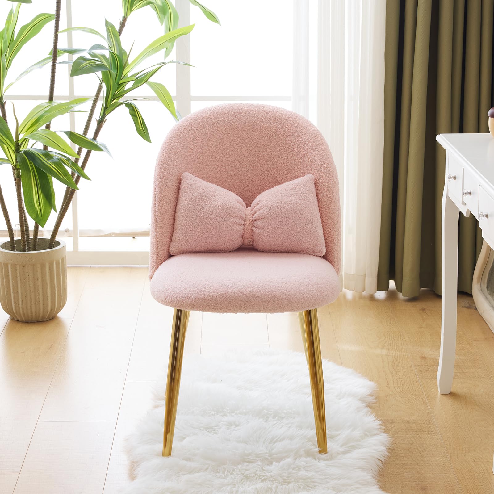 Bonnlo Fauteuil Relax, Chaise Coiffeuse, Fauteuil avec Coussin Nœud, Dossier Incurvé sans Accoudoirs, pour Salon, Bureau, Chambre, en Peluche Lapin/Teddy, 55 x 48 x 78.5 cm (Teddy & Rose)