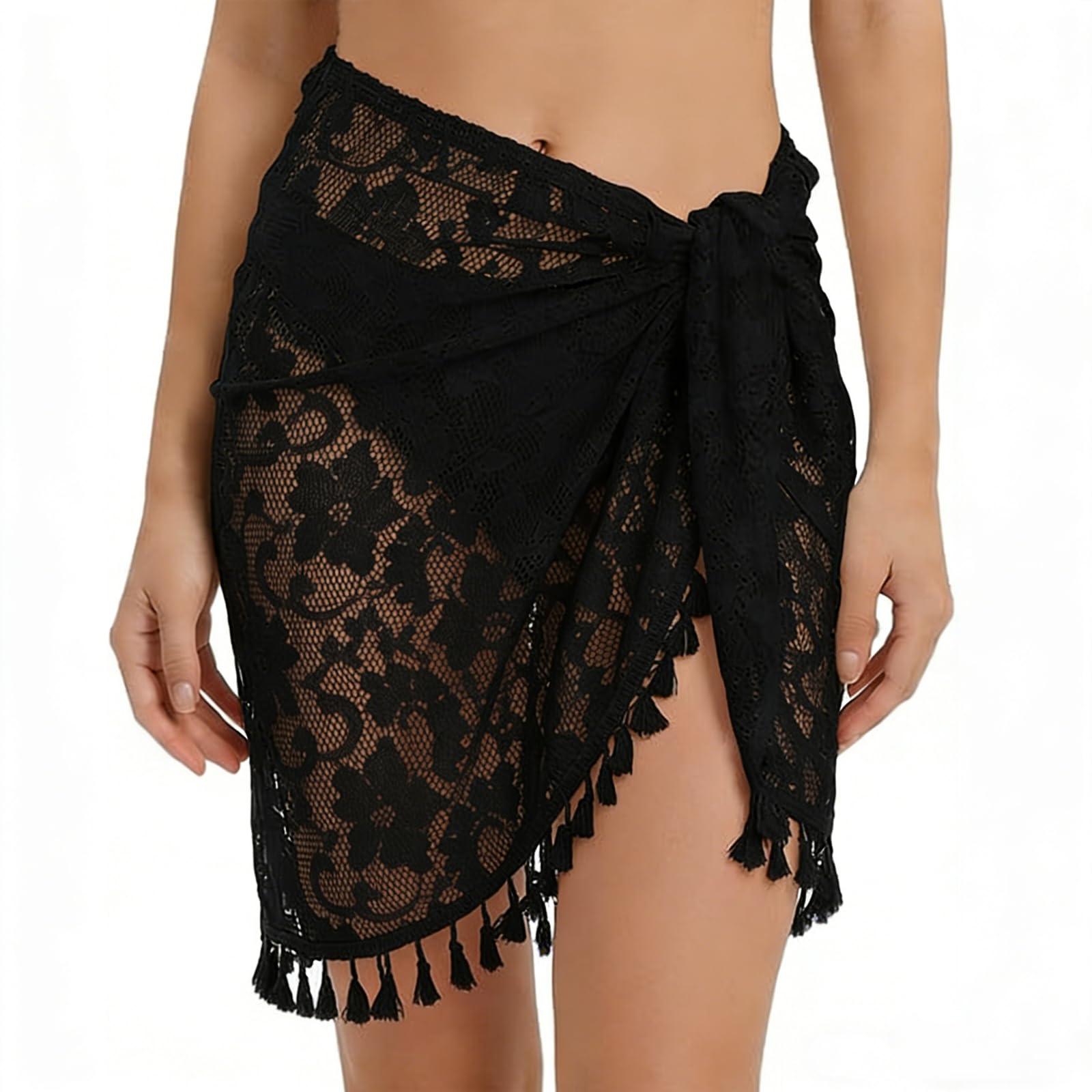 Yxelydriail Sarongs for Women Beachwear, Short Chiffon Beach Coverups for Women UK, Bikini Cover Ups for Women Beachwear Swimwear with Fringes (Black)