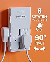 Vista 2 de ECHOGEAR Toma de pared con puertos USB y protección contra sobretensiones, 8 dispositivos 6 enchufes giratorios de CA, 2 incluye 1 puerto USB-C