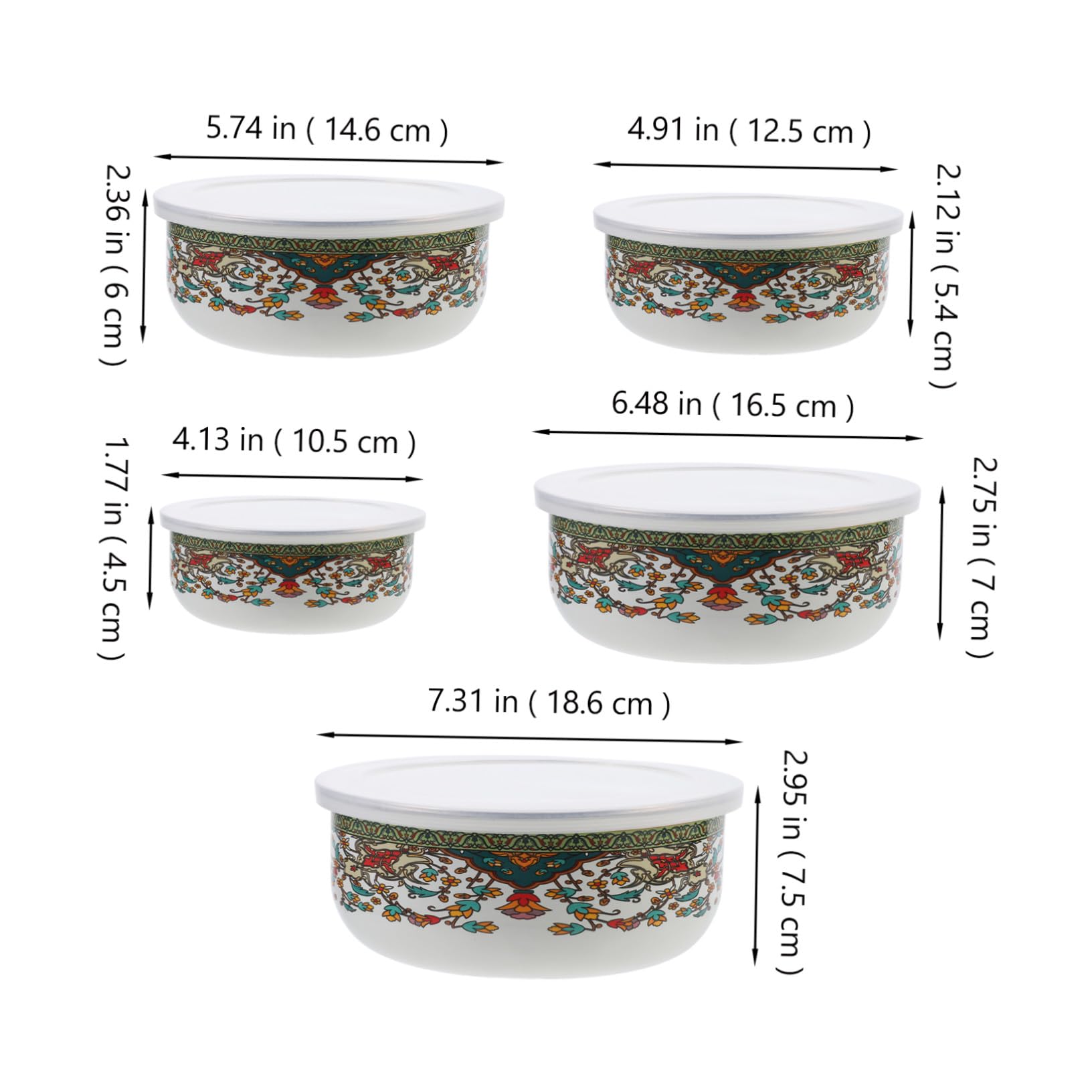 Set de 5 Tazones de Esmalte con Tapa, Cuenco Profundo | Fideos y Sopas, Uso en Hogar o Restaurante, Estilo Vintage Chino, Plástico y Esmalte