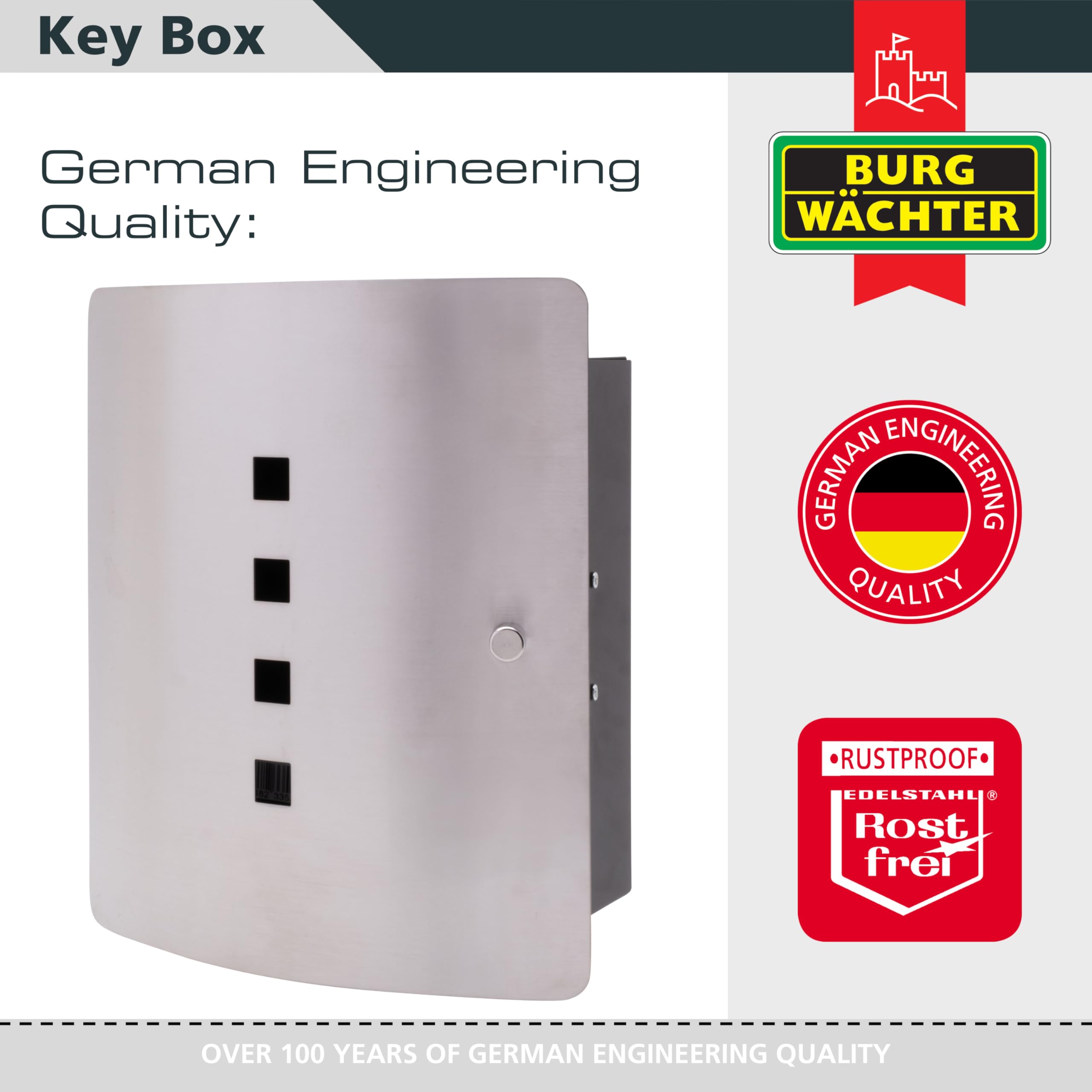 BURG-WÄCHTER Skrzynka na klucze z 10 haczykami i magnes, Pudełko na klucze Quad 6204/10 Ni, Stal szlachetna/Blacha stalowa, Srebrny/Czarny