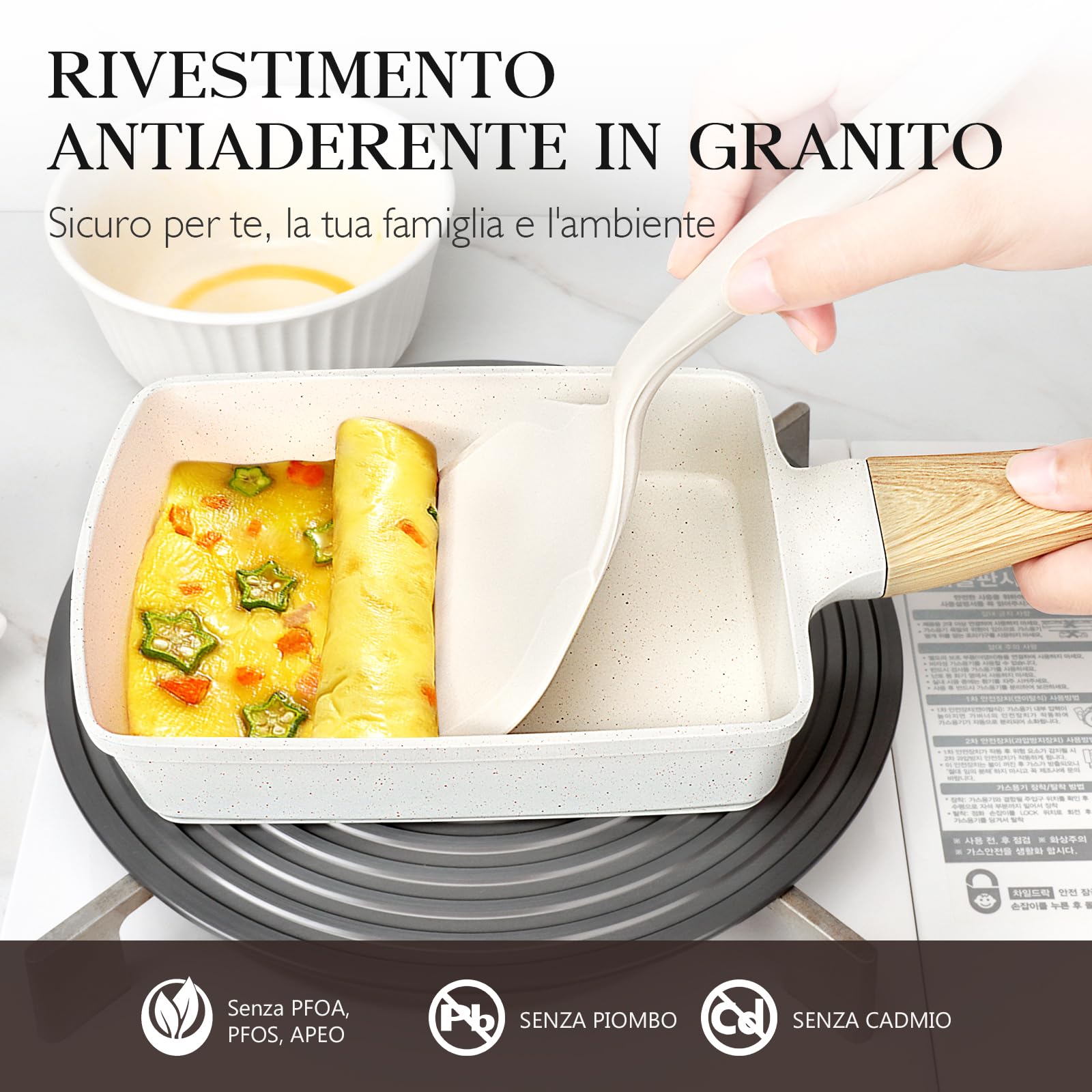 GiPP Padella per frittate antiaderente, padella per colazione a 3/4 fori, frittata giapponese Tamago-yaki, frittata antiaderente in granito, senza PFOS/PFOA (Bianco, tamagoyaki)