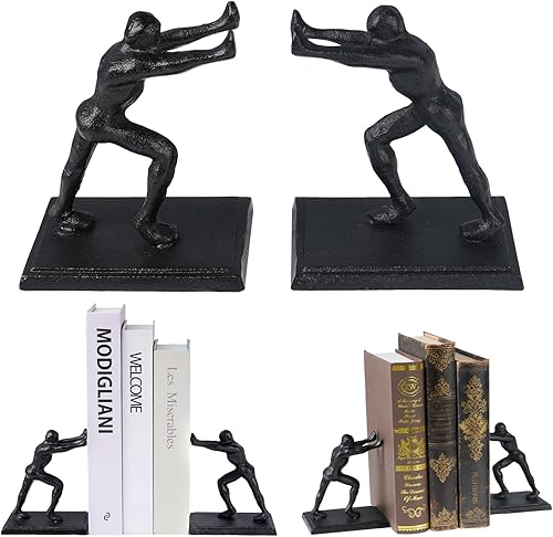 Notakia Man Decorative Vintage Cast Iron Bookends, Heavy Duty Decorative Book Ends for Shelves and Desk, Unique Antique Black Pushing Person Shape