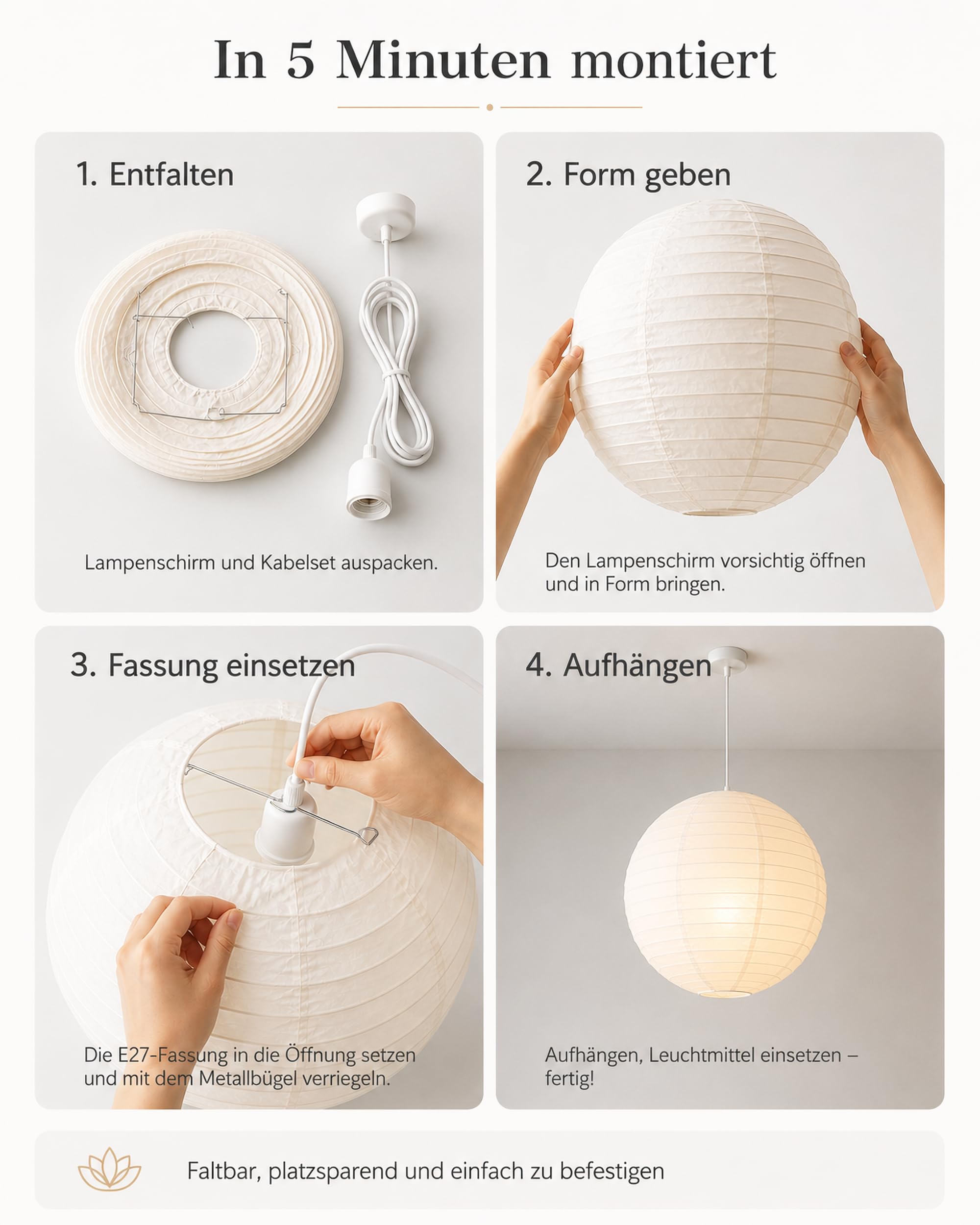 ACMHNC Papier Hängelampe, 40 cm Japandi Pendelleuchte mit 1,2 m Kabel