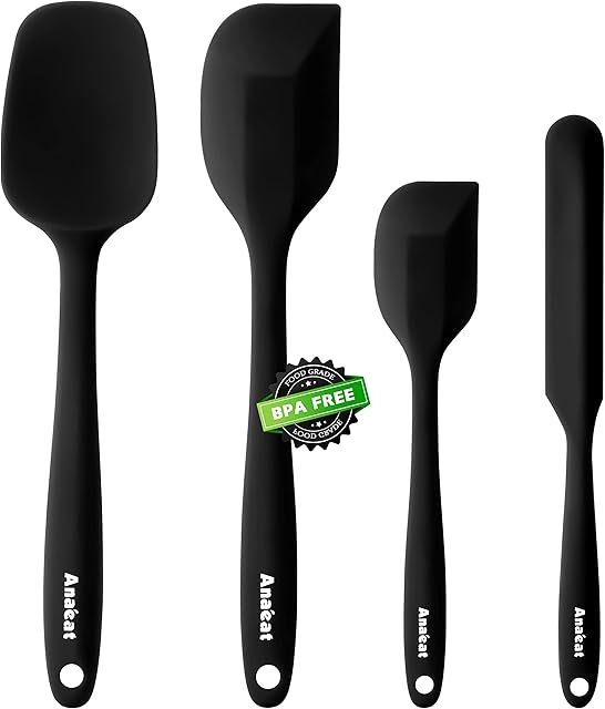 Anaeat 4 Piece Silicone Spatula Set - One Piece Seamless Design - Non Stick Rubber Spatulas Kitchen Scraper for Baking, Cooking, Scraping & Mixing, Heat Resistant & BPA Free & Dishwasher Safe (Black)