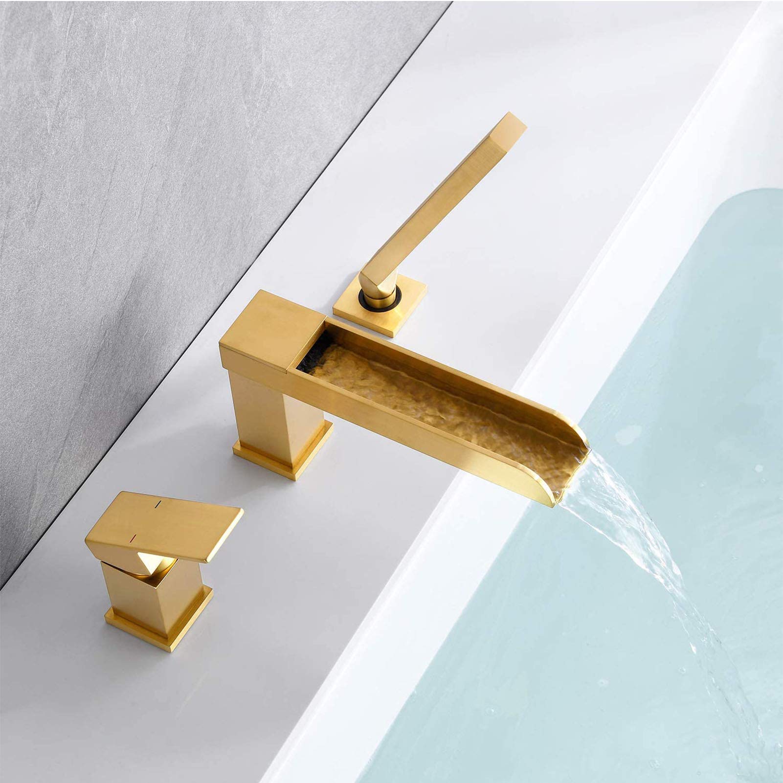 Grifo de bañera en Cascada Dorado Cepillado, Grifo de bañera con Ducha de Mano, Grifo de bañera Monomando de Montaje en Cubierta, Grifo Mezclador de baño de latón,