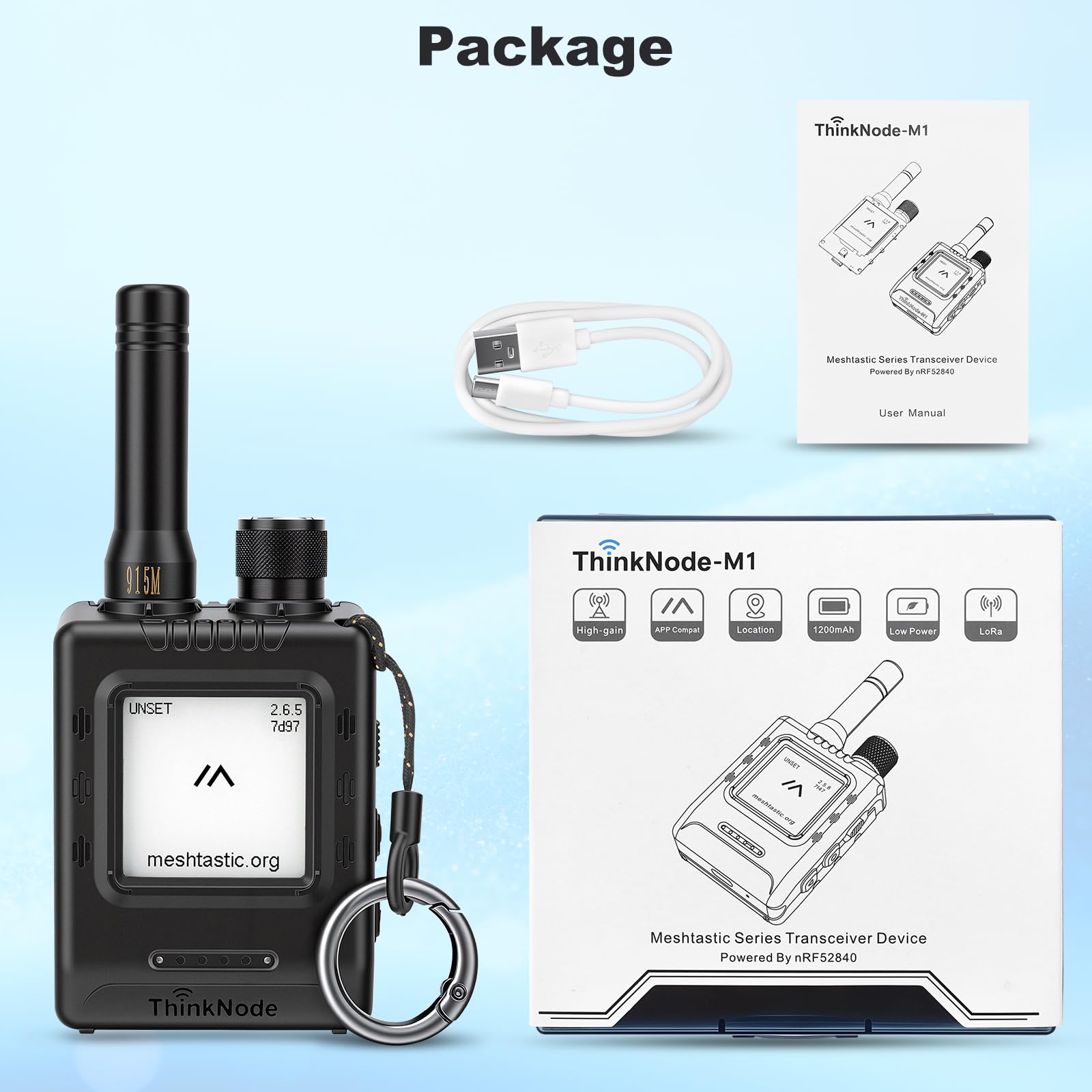 ThinkNode M1 LoRa Meshtastic Appareil intégré avec GPS Bluetooth SX1262 nRF52840 Écran E-Ink 1,54" Antenne 915 MHz Batterie 1200 mAh Interface RTC Type-C Bouton multifonction