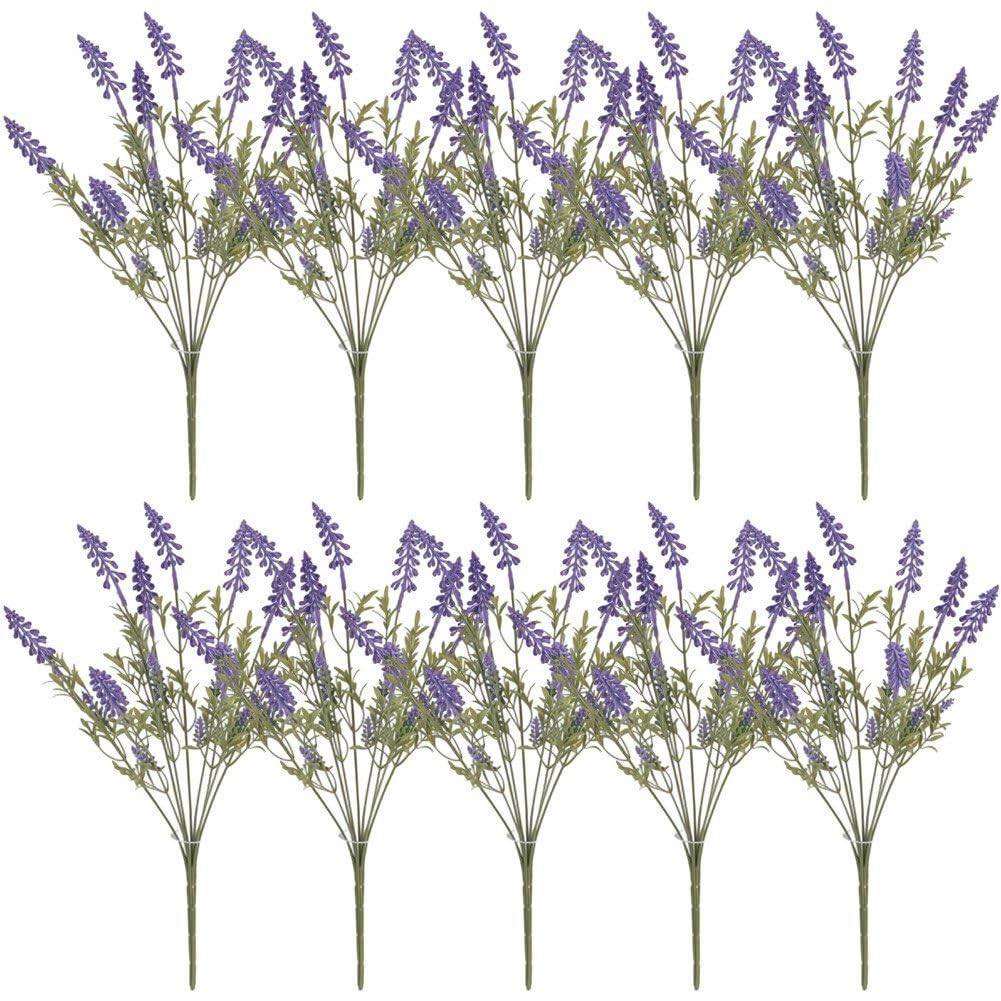 Sslvya 10pcs Artificial Lavender Branches with Leaves False Greenery Bouquet Realistic Fake Plants for Indoor Outdoor Home Garden
