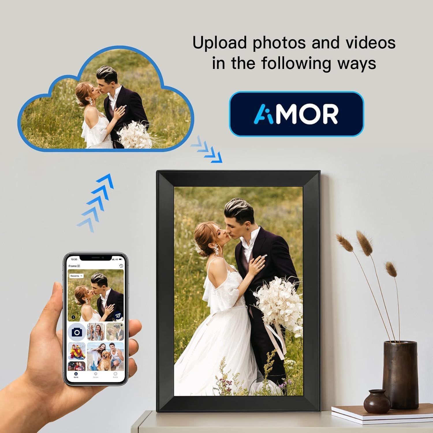 FUNCARE Cadre Photo Numérique WiFi 15,6 Pouces, Écran Tactile HD 1280x800 IPS avec 32Go de Stockage pour Partager Photos et Vidéos, Rotation Automatique, Support Multilingue, Montage Mural