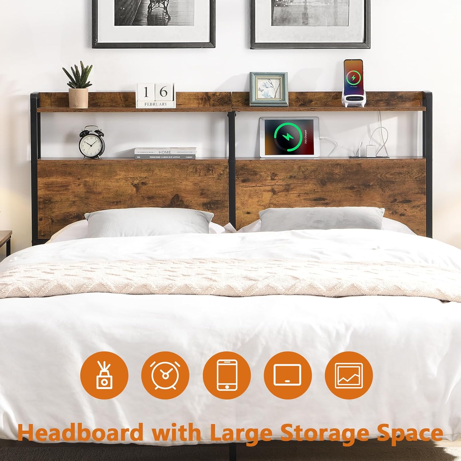Queen Headboard with Storage, Free Standing Headboard with LED Lights & Outlets, Adjustable Height, Rustic Brown (Queen)