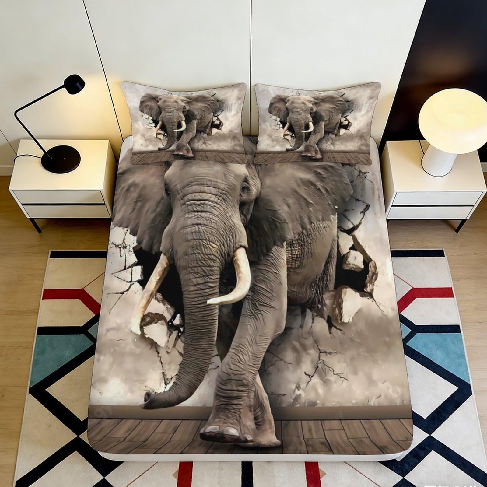 3D Printed Elephant Wildlife Fitted Sheet Microfiber Soft Non-slip Safari Animal Mattress Cover for Bedroom Guest Room Decor, Easy Care 90x200x25cm