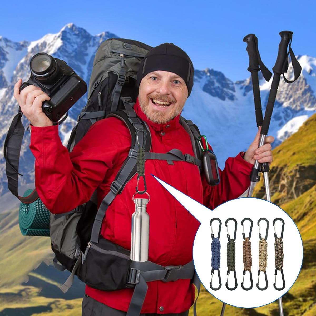 SENHAI 5 moschettoni intrecciati in paracord, a doppia testa, per esterni, per appendere chiavi o bottiglie d'acqua, zaini, campeggio, escursionismo