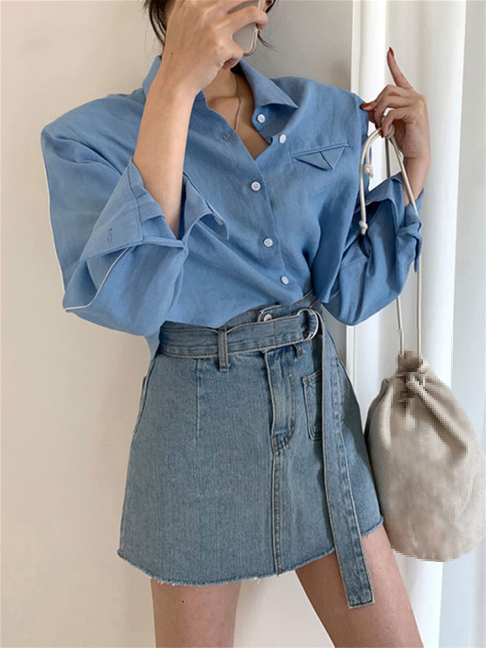 Primavera Estate Chic Cintura Mini Jeans Gonne per Le Donne Vita Alta Tasca Allentata Casual Femminile A-Line Denim Gonne, Blu, M