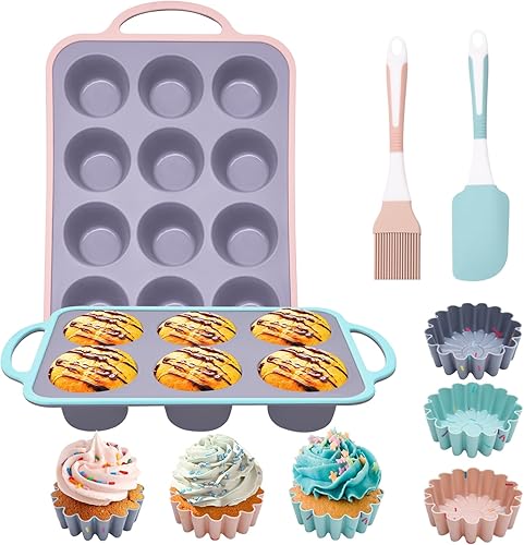 Molde de silicona 10 en 1, molde para magdalenas para 6 tazas, 12 tazas de molde de silicona antiadherente para magdalenas, mini molde para