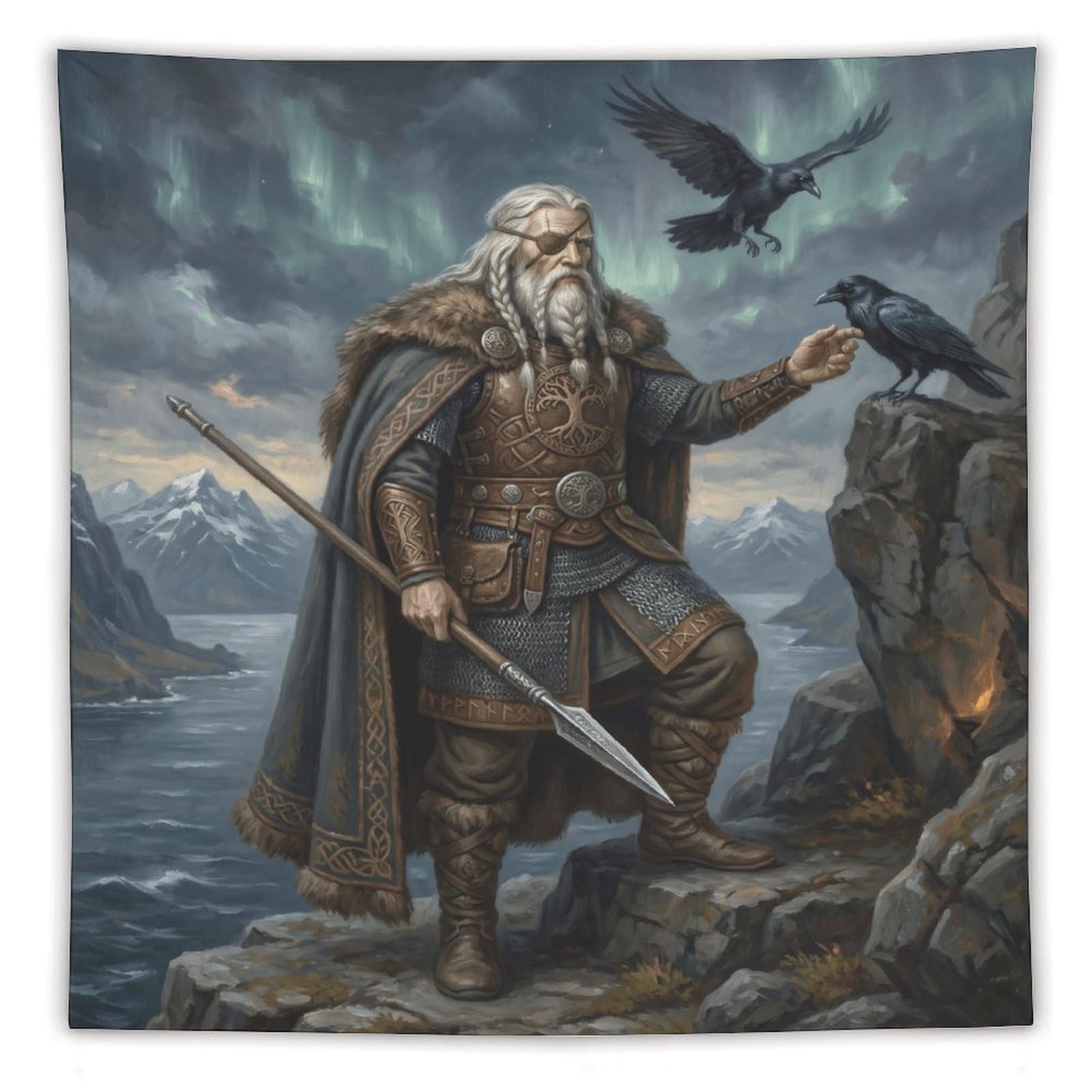 W7C8U2X3 Norse Mythology Odin Wall Tapestry, Detailed Illustration, Bed