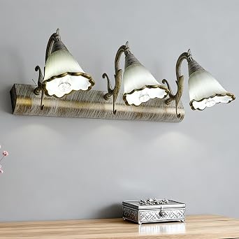 Vintage Bathroom Light Fixtures, 3-Lights Bathroom Vanity Light, Antique Brushed Wall Lighting Fixtures Over Mirror with Glass Shade, Wall Sconce Lighting