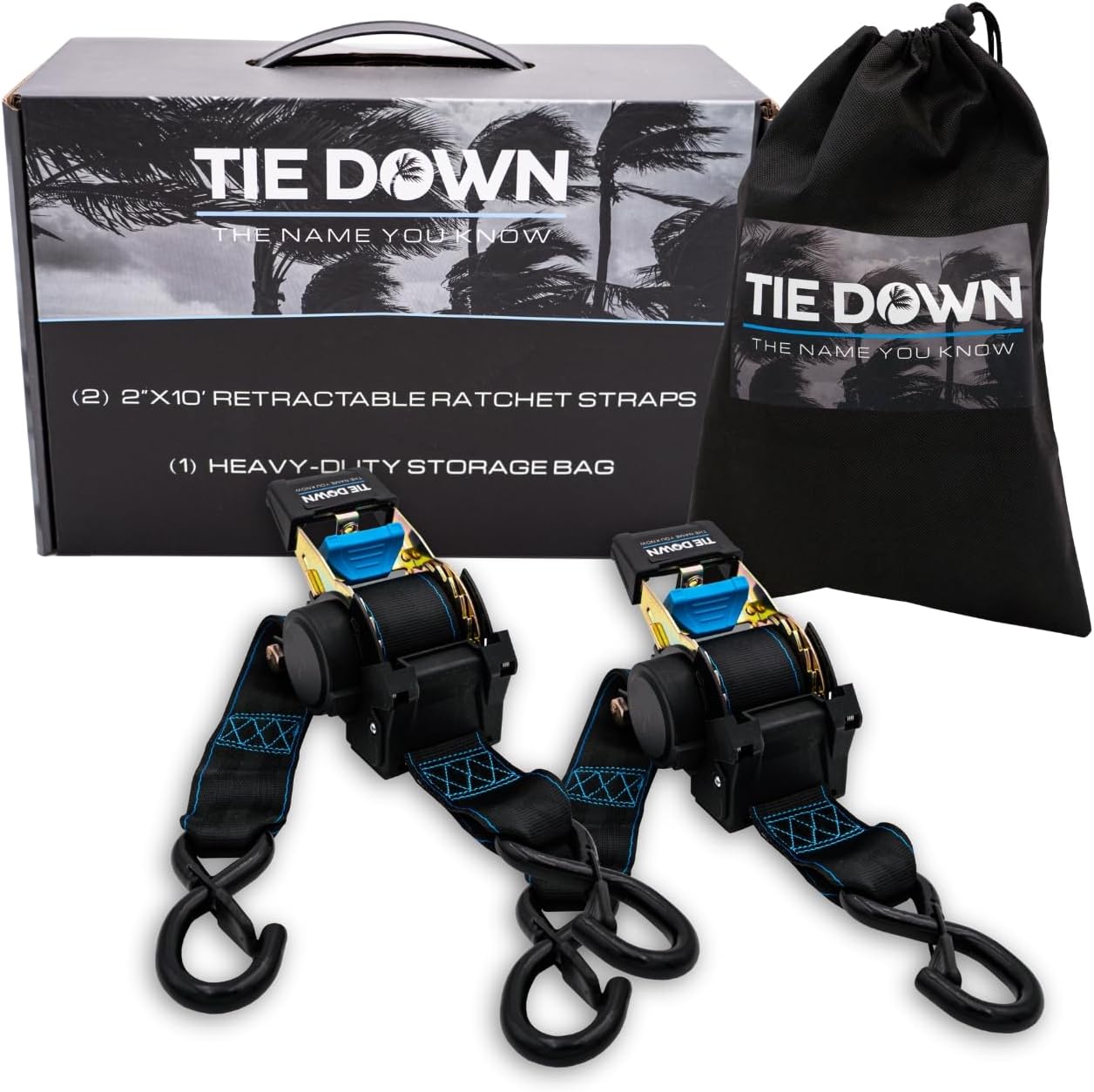 Tie Down 2 in. x 10 ft Black Heavy Duty Retractable Ratchet Strap, 2-Pack Kit - 3000 lbs. Breaking Load Limit