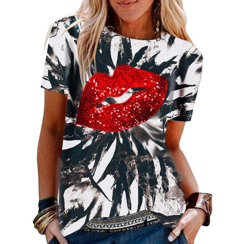 PESION Womens Short Sleeve T-Shirt Sequined Tops O-Neck Funny Graphic Tees Blouse
