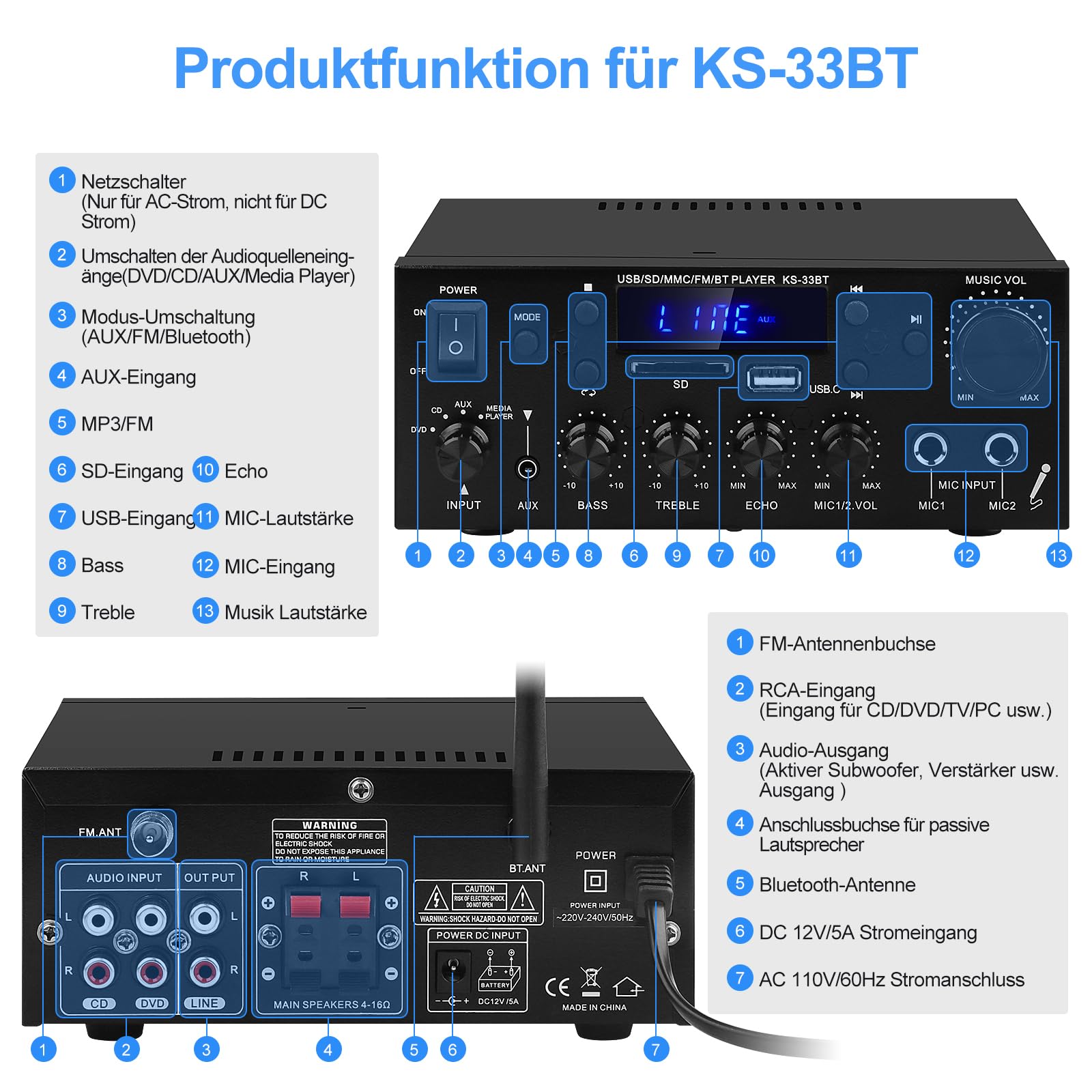 Amplificador de audio para el hogar, KS-33BT 2 canales Bluetooth 5.0, amplificador HiFi, RMS 60 W x 2 Max 400 W X 2 Amplificadores estéreo receptor W/Echo, USB/SD/AUX/BT.C/FM Micrófono para cine en