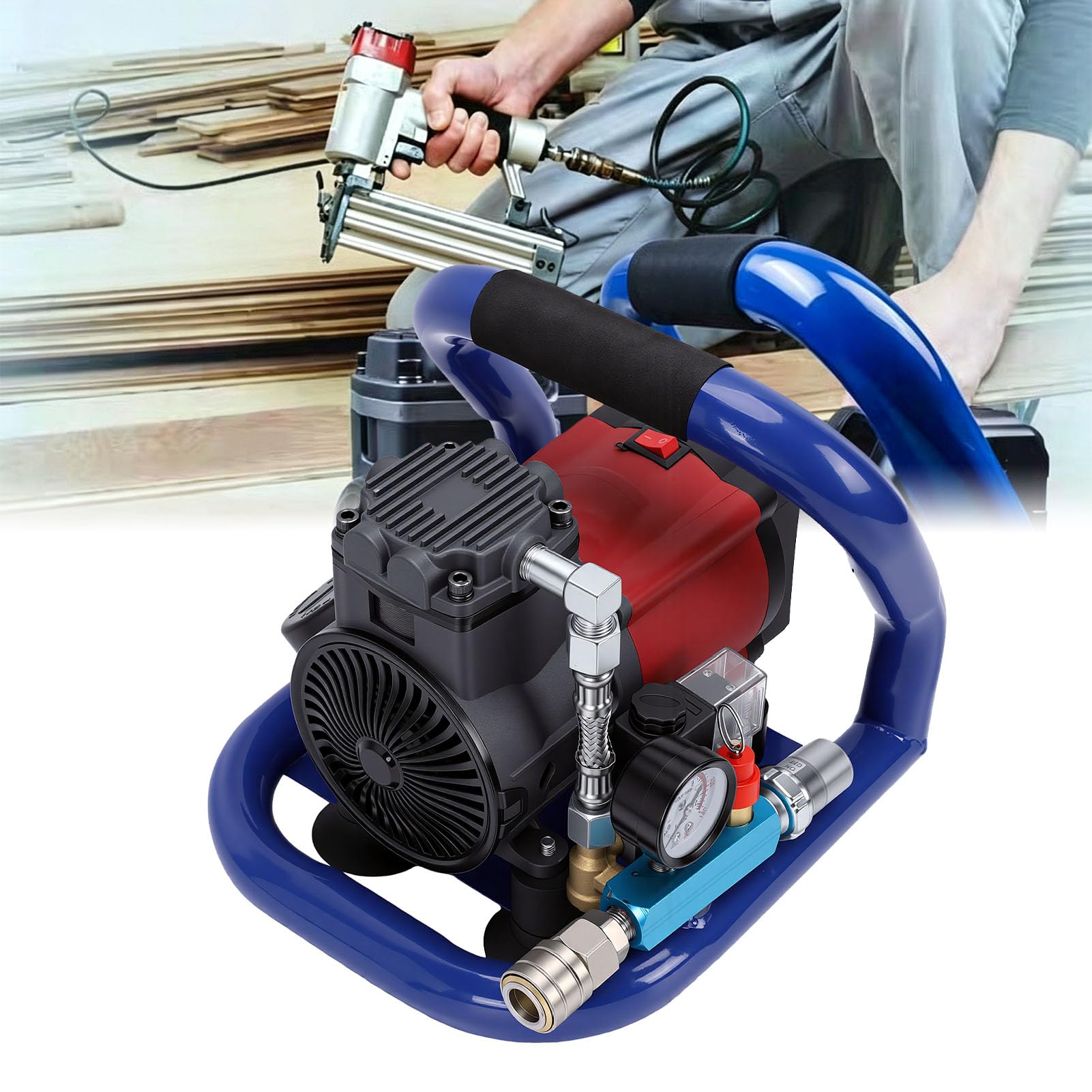 Fafeicy Compressore D'Aria Senza Fili, Motore Brushless da 350 W Serbatoio da 1,5 L Avvio Automatico da 8 Bar con 3 Ugelli per Gonfiaggio Pneumatici Lavorazione del Legno Verniciatura