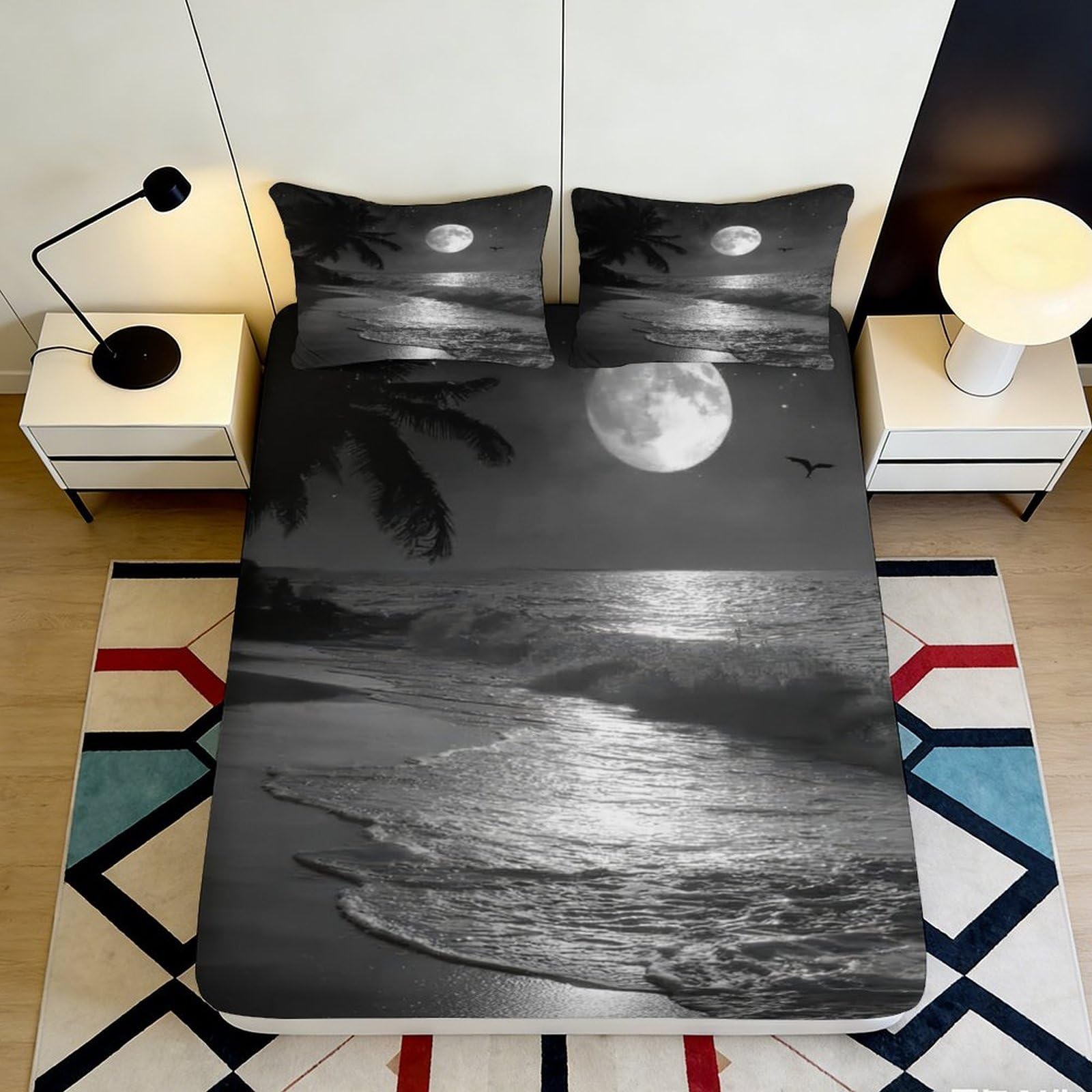 3D Printed Moonlit Beach Fitted Sheet Microfiber Soft Black White Ocean Mattress Cover Bedroom Decor 120x200x25cm