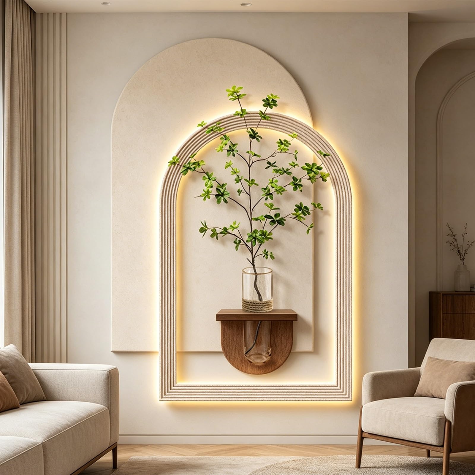 PGZMDTWI 3D Wall Art Sandstone Texture Decor for Living Room, Modern LED Lighted Wall Sculpture with Glass Vase & Green Plants for Entryway Hallway(A,100 * 150CM 9.4 * 59.1IN)