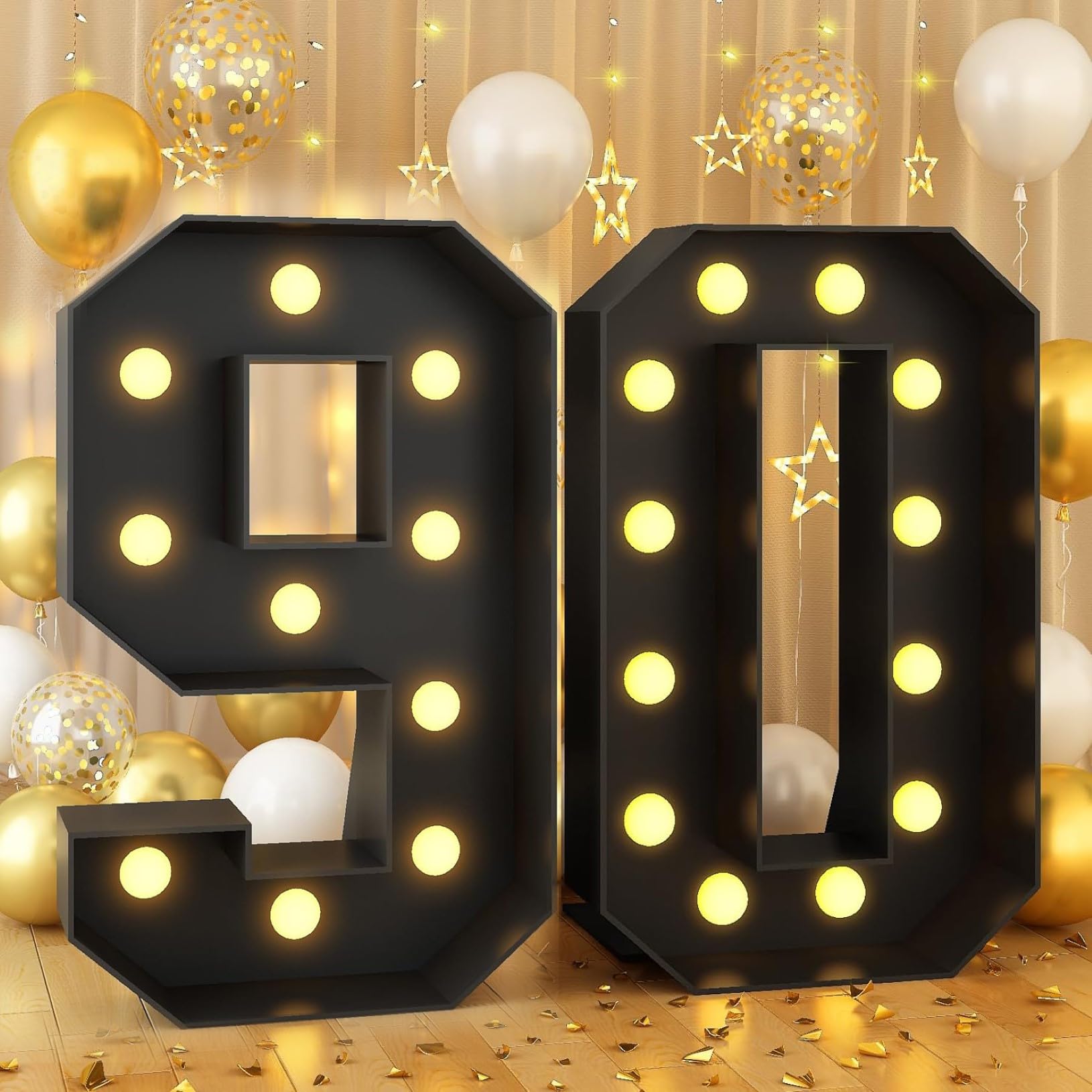 70cm-2.3ft Number 90 Decor Light Up Number for Birthday, Black Marquee Light Up Mosaic Pre-cut Foam Board Set for Balloons, Warm White Numbers Lamp Sign for Party — image 1