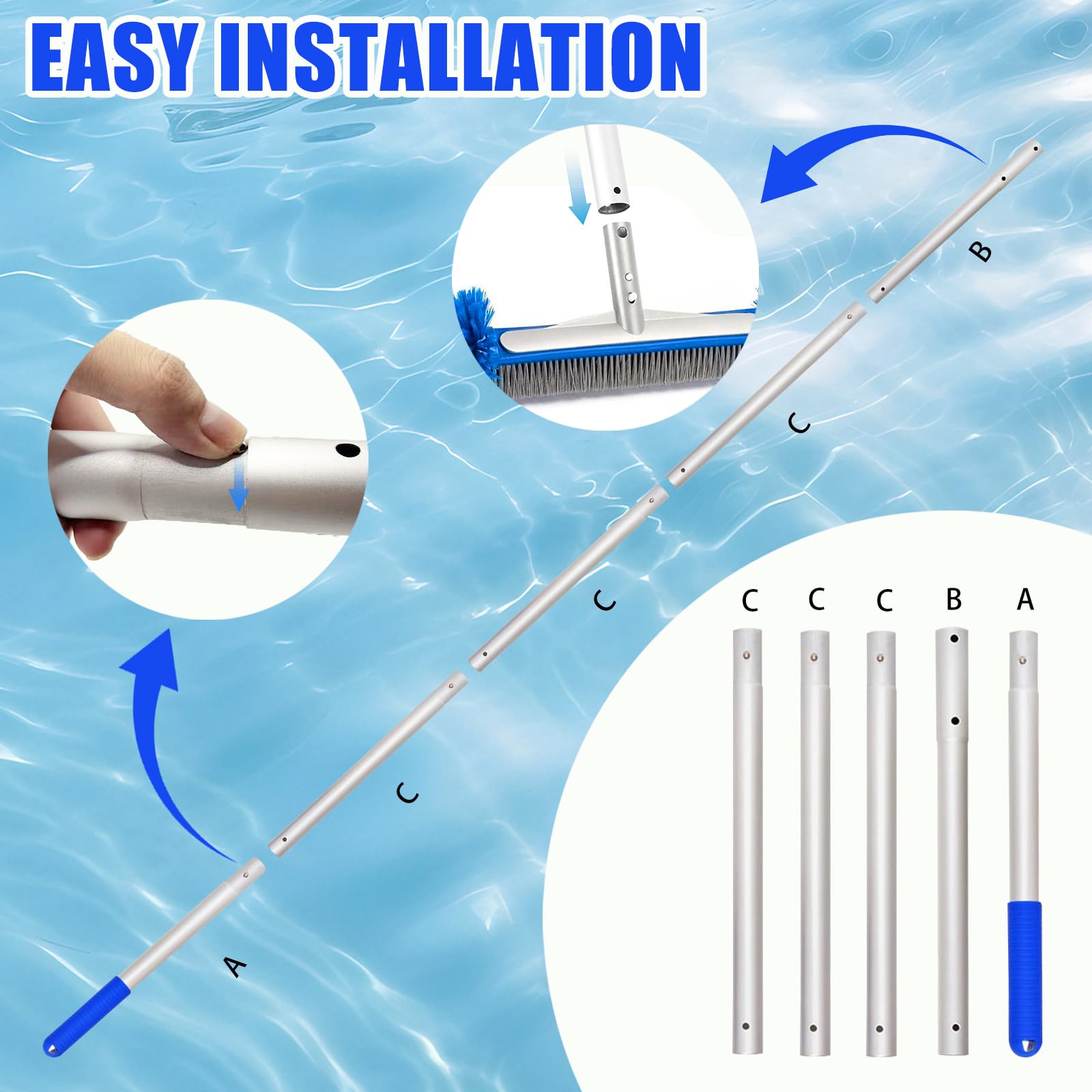 Brosse Piscine Ronde Nettoyage avec Tige Télescopique Tête Détachable Poils Robustes Fond Parois