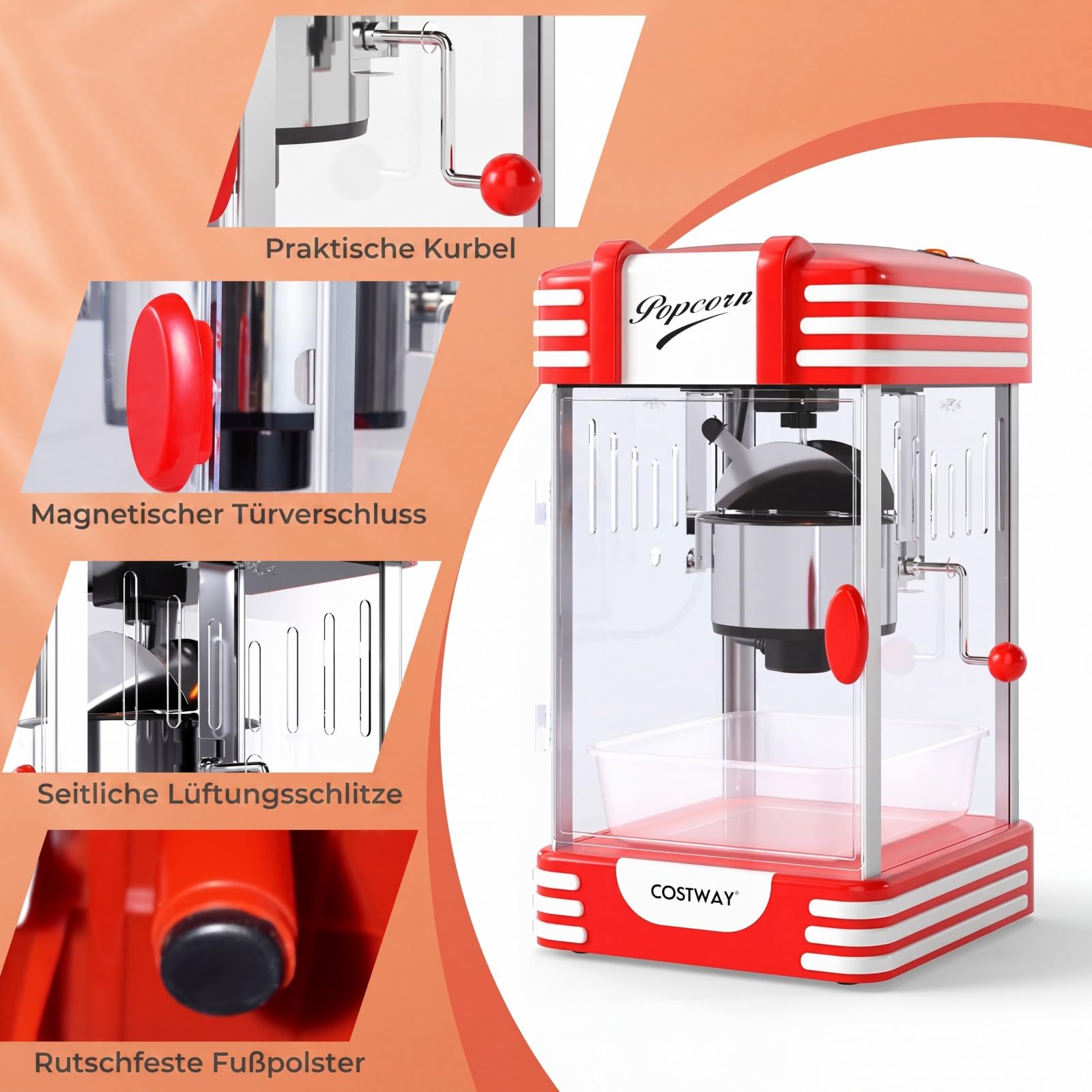 COSTWAY Retro Popcornmaschine, Popcorn maschine mit Warmhaltelicht & Edelstahlkessel & integriertes Rührsystem, Popcorn Maker im 50er still für Filmabende, Party, Rot