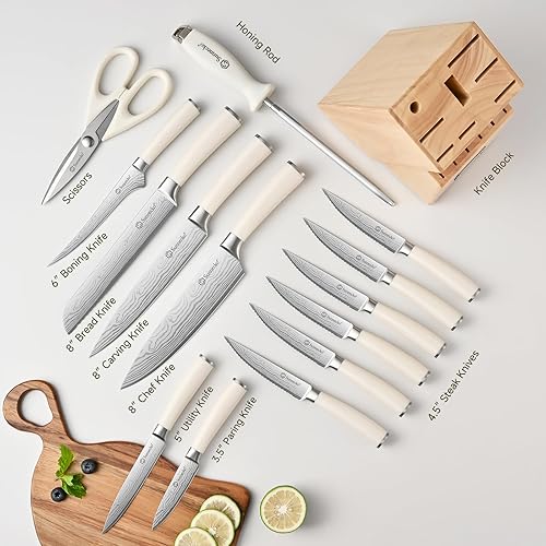 Miniatura 5 de Sunnecko Juego de cuchillos con bloque y afilador, juego de bloque de cuchillos de cocina de 15 piezas, cuchillos de cocina afilados, acero Blanco