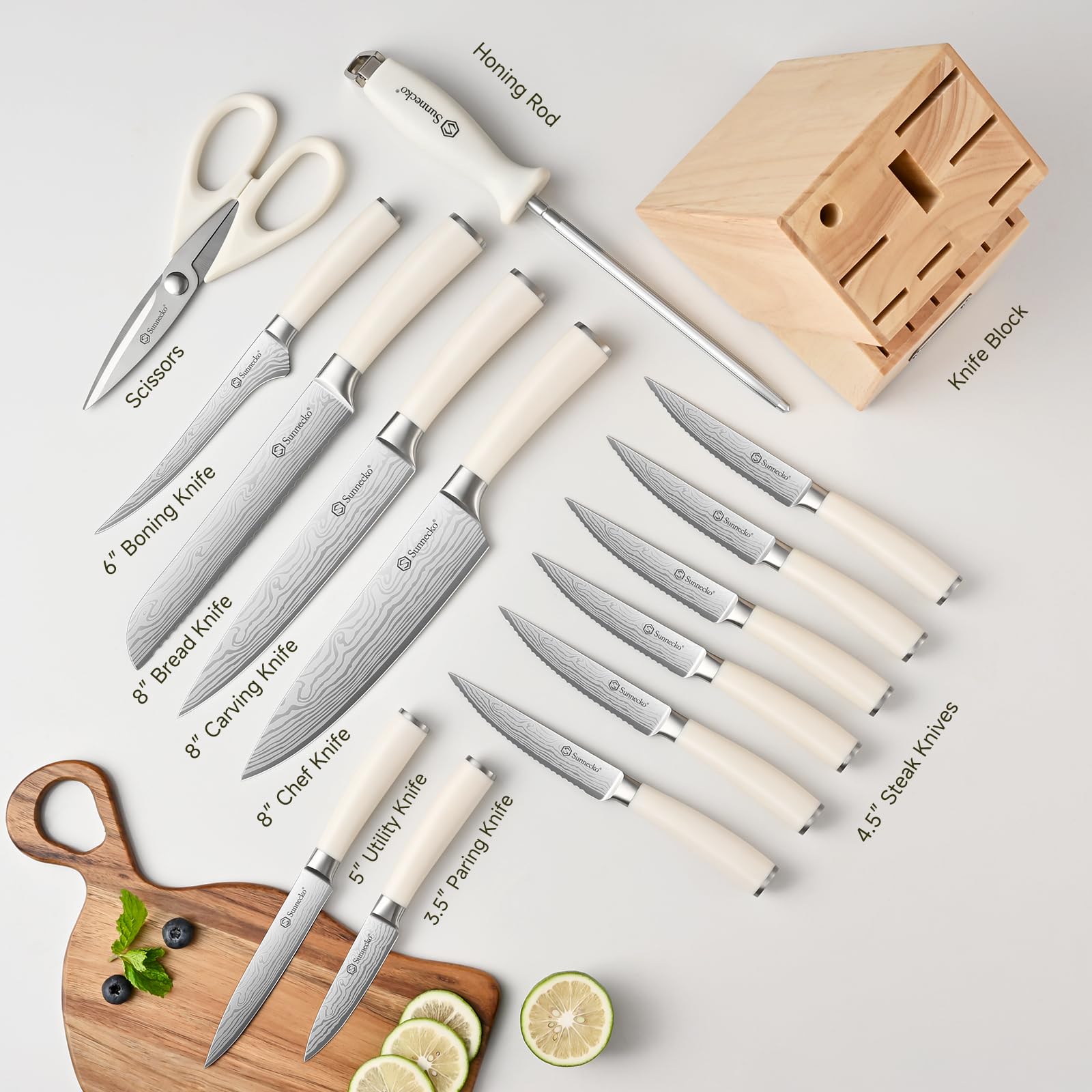 Sunnecko Knife Set with Block and Sharpener, 15 Piece Kitchen Knife Block Set Sharp Kitchen Knives High Carbon Stainless Steel with White Handles