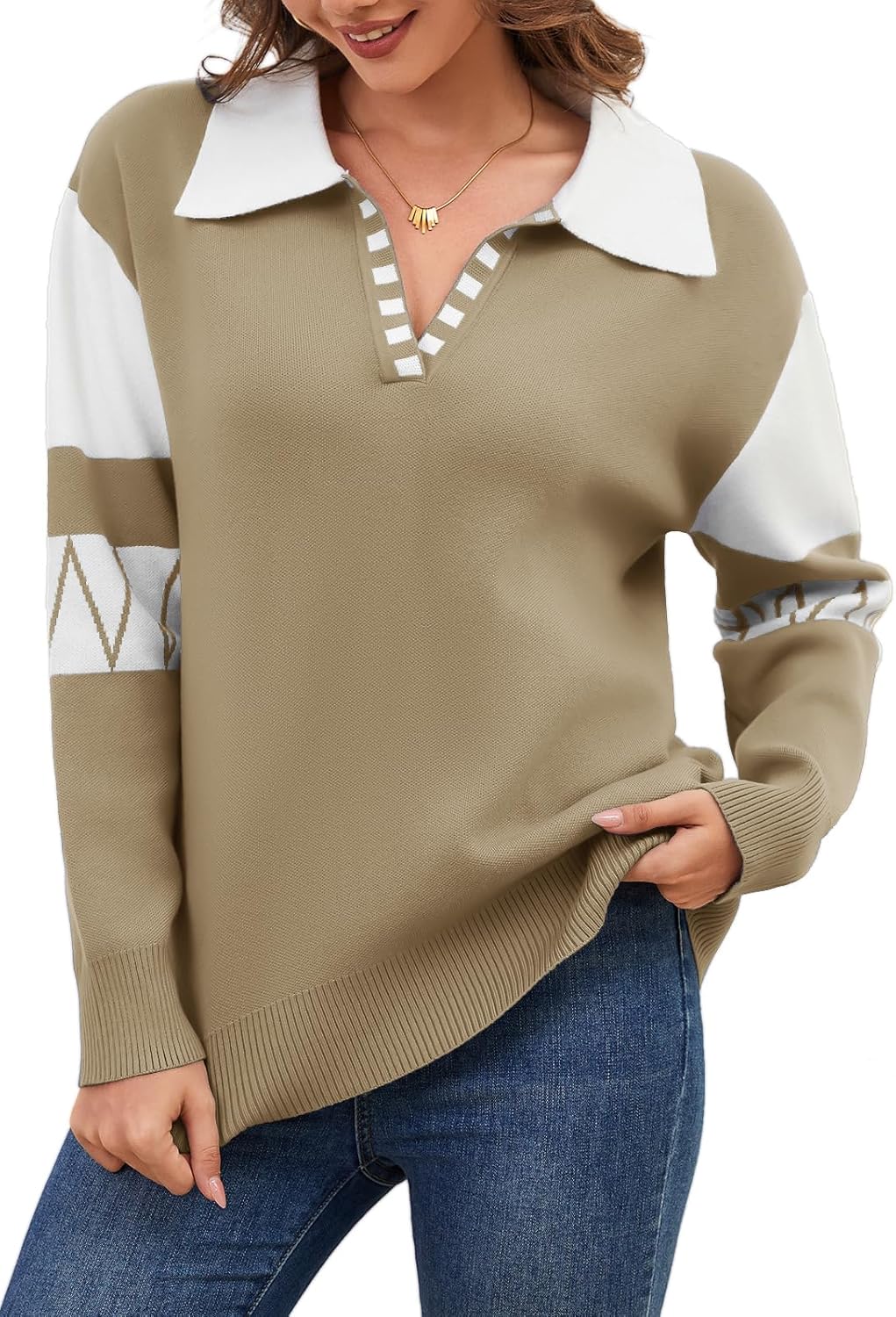 ANCAPELION V Neck Sweaters for Women Long Sleeve Colorblock Striped Knitted Pullover Fall Loose 2025 Trendy Jumper Tops - Image 2