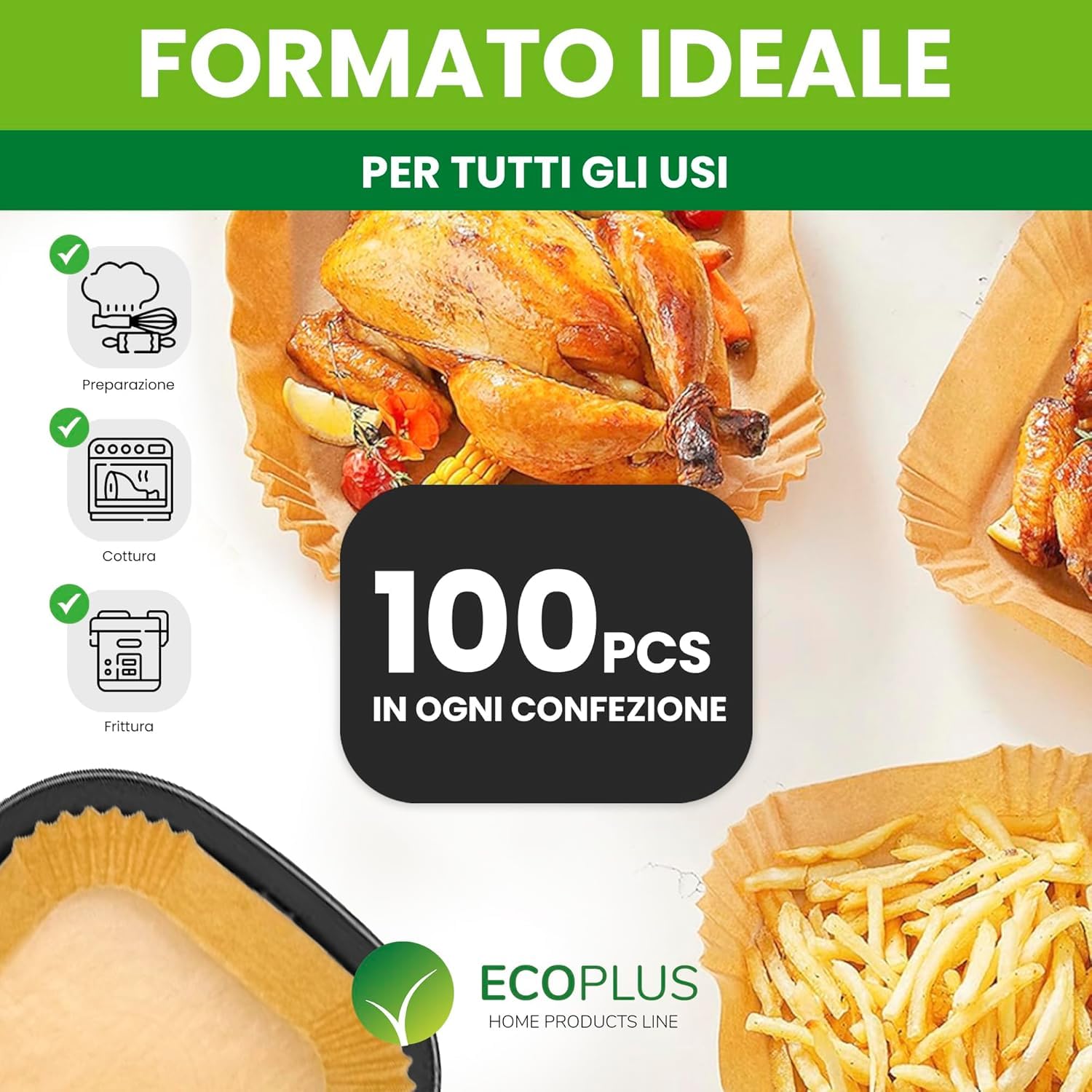 Carta Forno per Friggitrice ad Aria Rettangolare 22x14 cm – BPA Free, Antiaderente, Impermeabile e Resistente al Calore – Carta Pergamena Naturale per Air Fryer, Forno e Microonde
